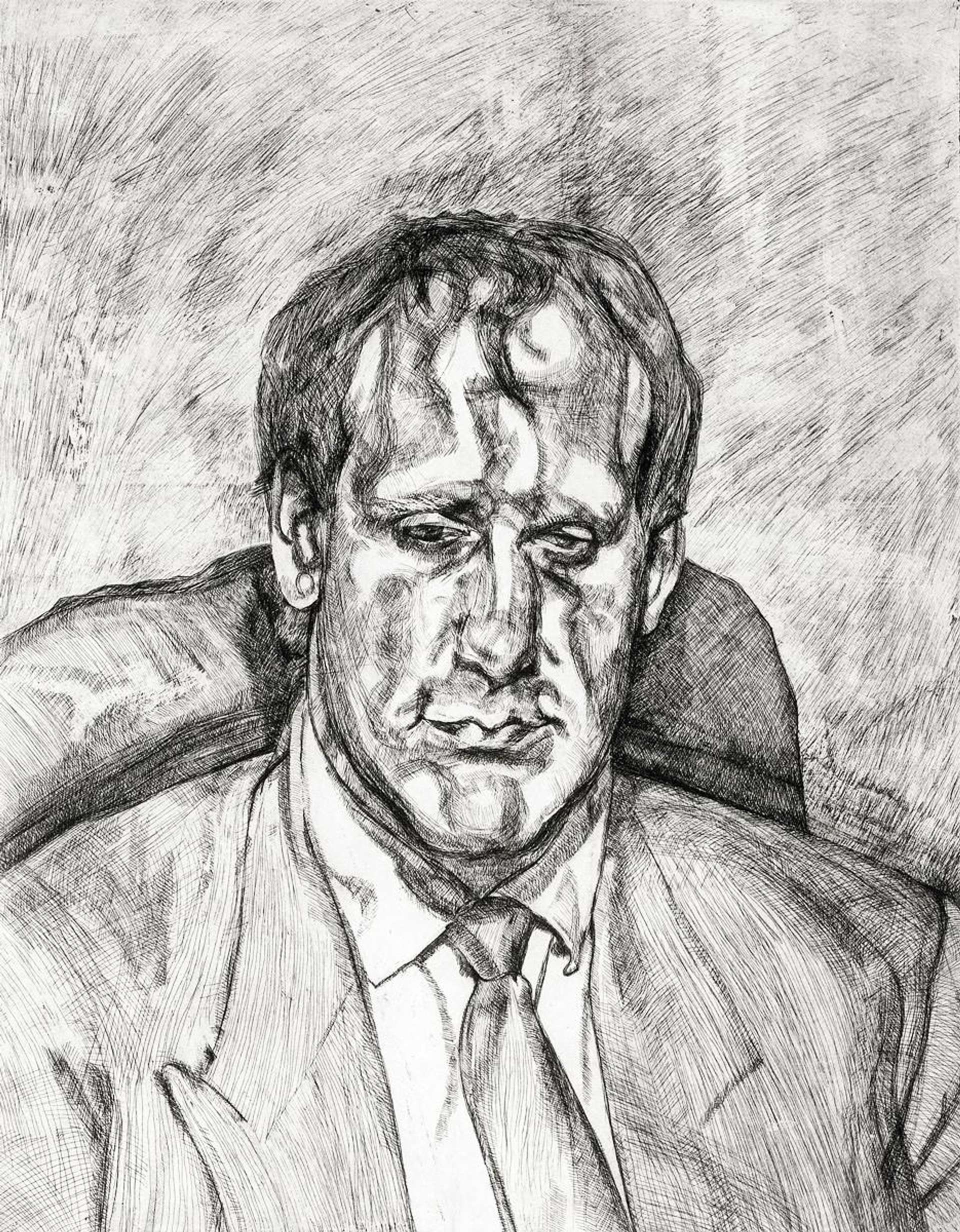 Lucian Freud's Head Of An Irishman. A drawing of a man wearing a suit and tie sitting in a chair, looking down.