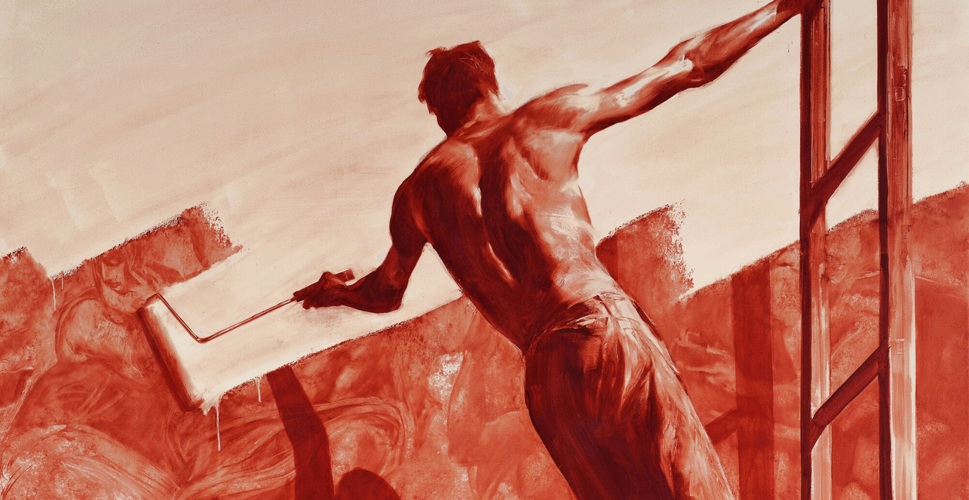 This painting by Mark Tansey shows a shirtless man hanging onto a ladder and straining to paint a wall behind him white. The work is done in tones of red and cream.