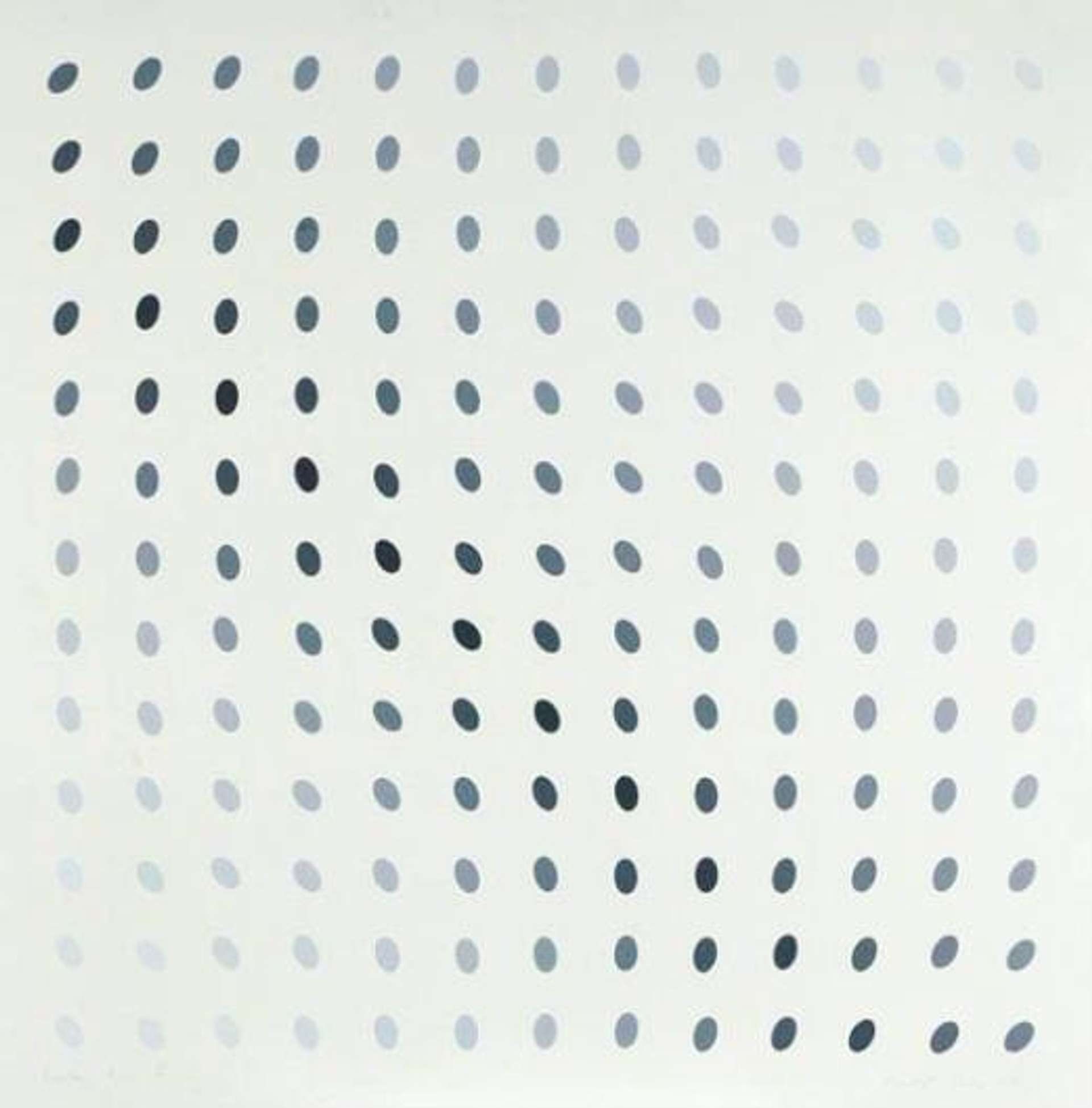 Nineteen Greys B, executed in 1968 and released in an edition of 75, depicts ovals of equal size, placed at equal intervals across the page, slanting at varying degrees. The hue of each circle darkens in tone as they reach the centre, creating a diagonal line of darker ovals across the page.