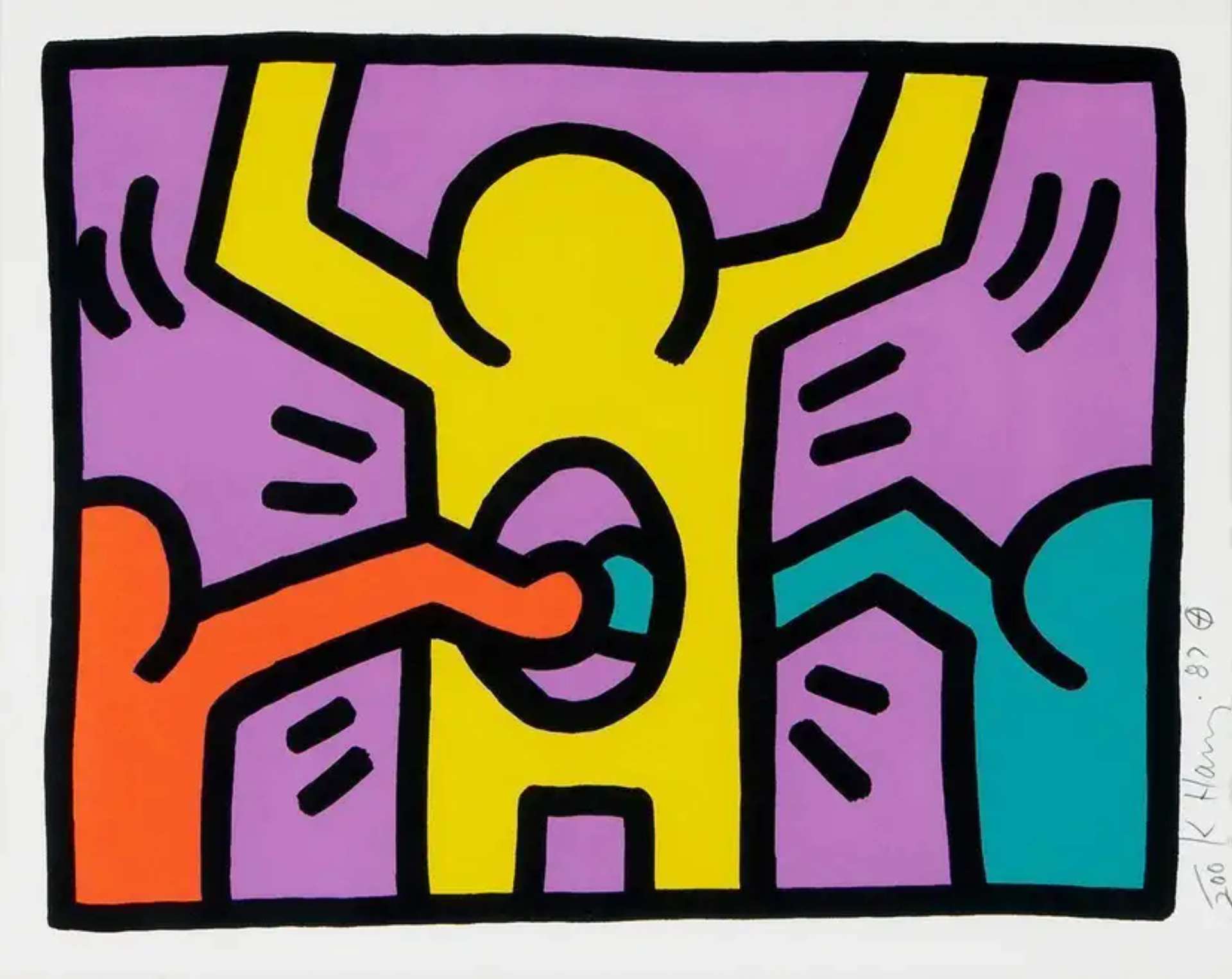 A screenprint by Keith Haring depicting two cartoon figures high-fiving through a hole in another figure's stomach