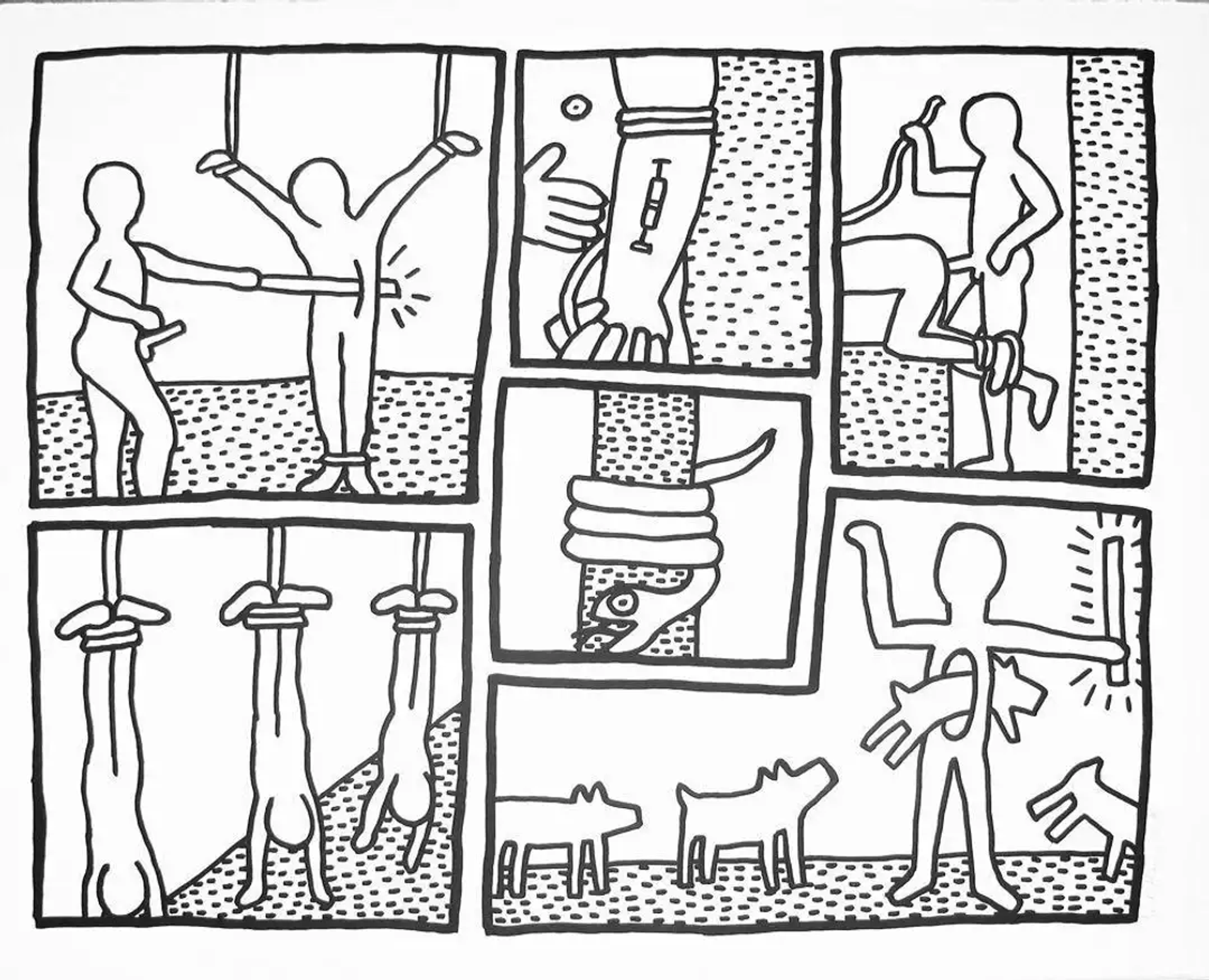 This print features a collection of frames rendered in Haring’s trademark figurative style, showing snapshots of violence, drug use, sex, sin and death. As with other prints in the series, Haring uses dots on the landscape of each frame to denote the otherness of homosexuality and illness, specifically AIDS and each image seems to convey the causes and effects of the disease.