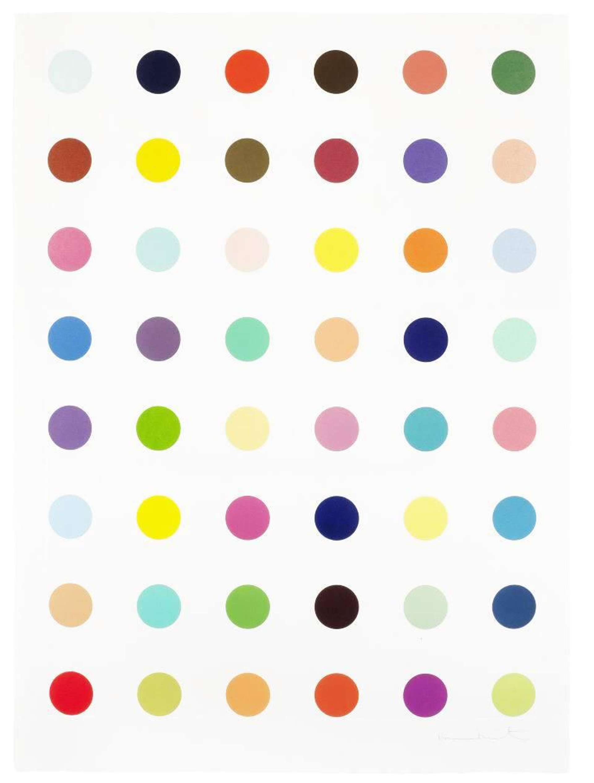 An image of the print Oleoylsarcosine by Damien Hirst, one of his famous spot paintings. Several rows of randomly coloured dots against a white background.