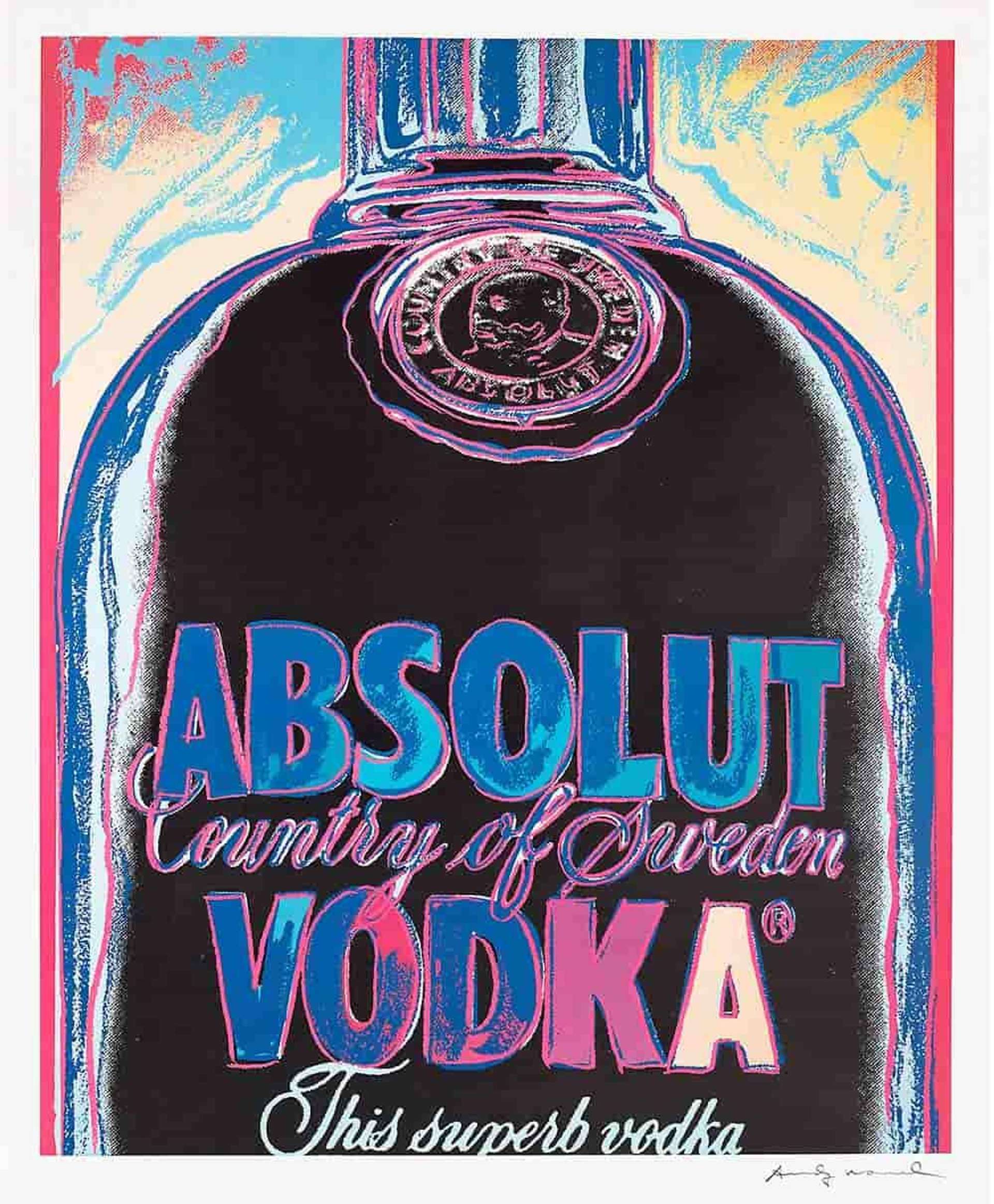 The image shows a bottle of Absolut Vodka rendered in Warhol’s signature Pop Art style, characterised by his use of bold colours. Warhol uses an abstract colour palette, applying a dark blue colour to the bottle which is set against a yellow backdrop. The brand’s name is written in big blue letters and outlined in purple which draws attention towards the brand.