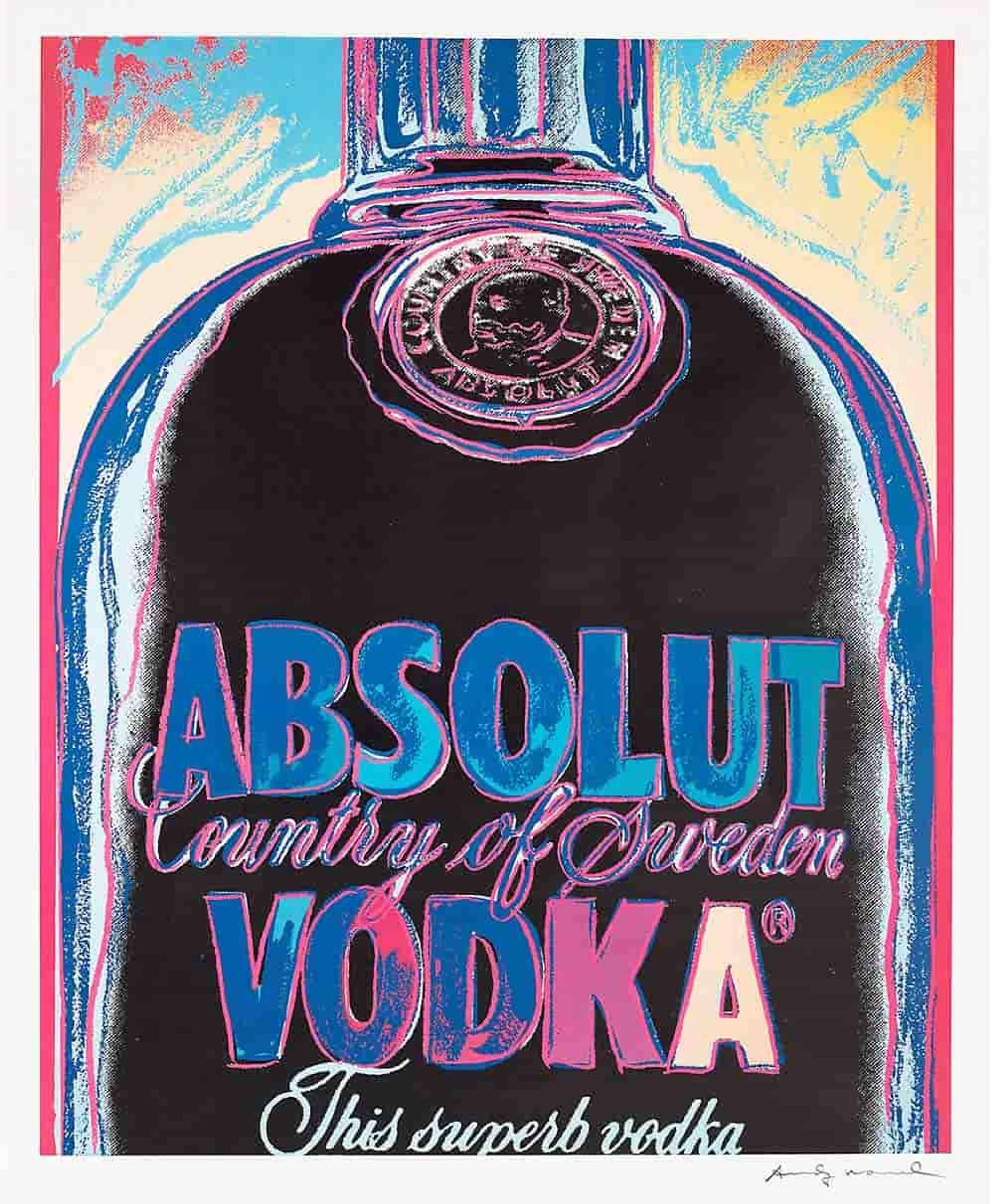 The image shows a bottle of Absolut Vodka rendered in Warhol’s signature Pop Art style, characterised by his use of bold colours. Warhol uses an abstract colour palette, applying a dark blue colour to the bottle which is set against a yellow backdrop. The brand’s name is written in big blue letters and outlined in purple which draws attention towards the brand.