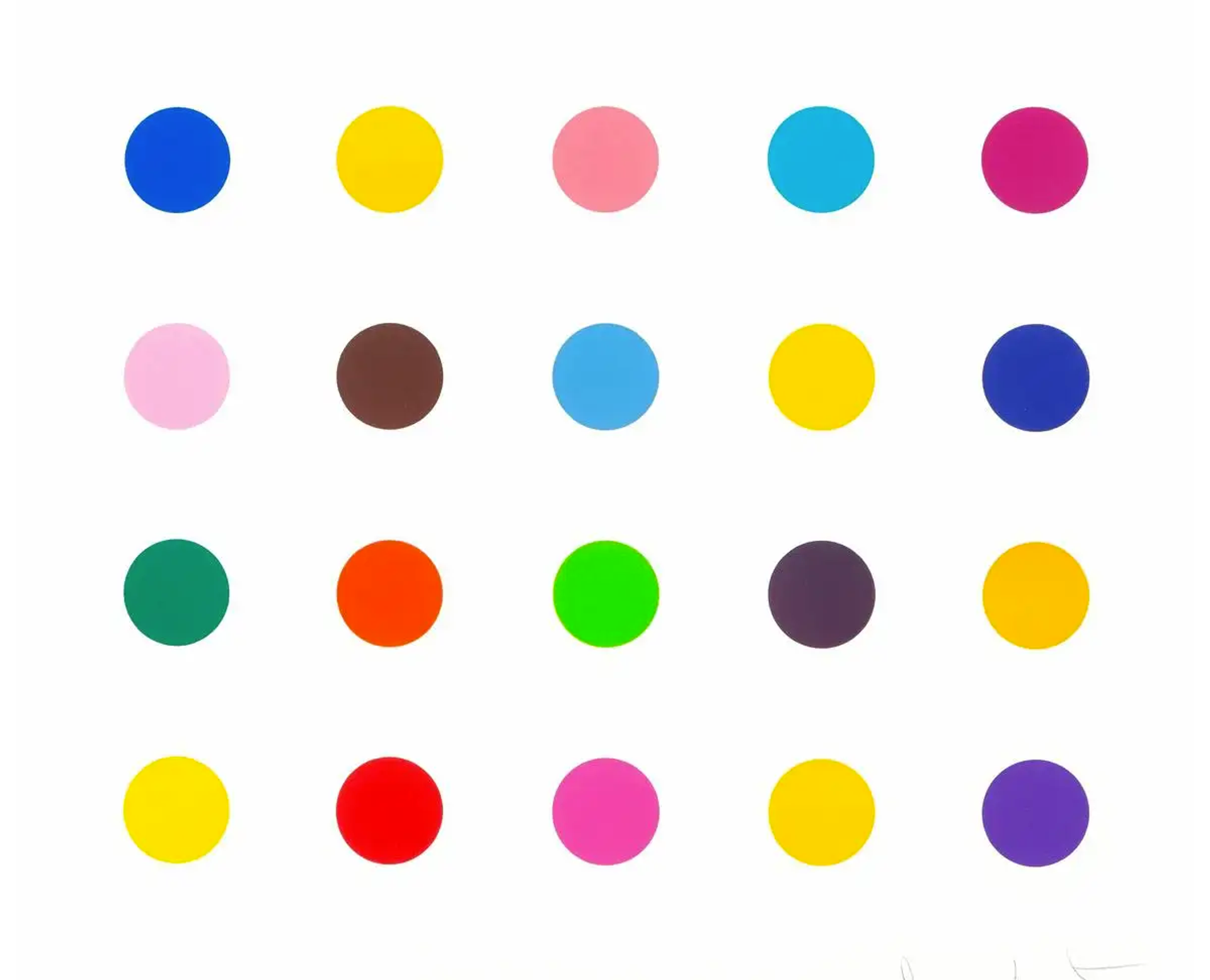 amien Hirst’s Esculetin depicts twenty circles of colour placed in a grid on a white backdrop.