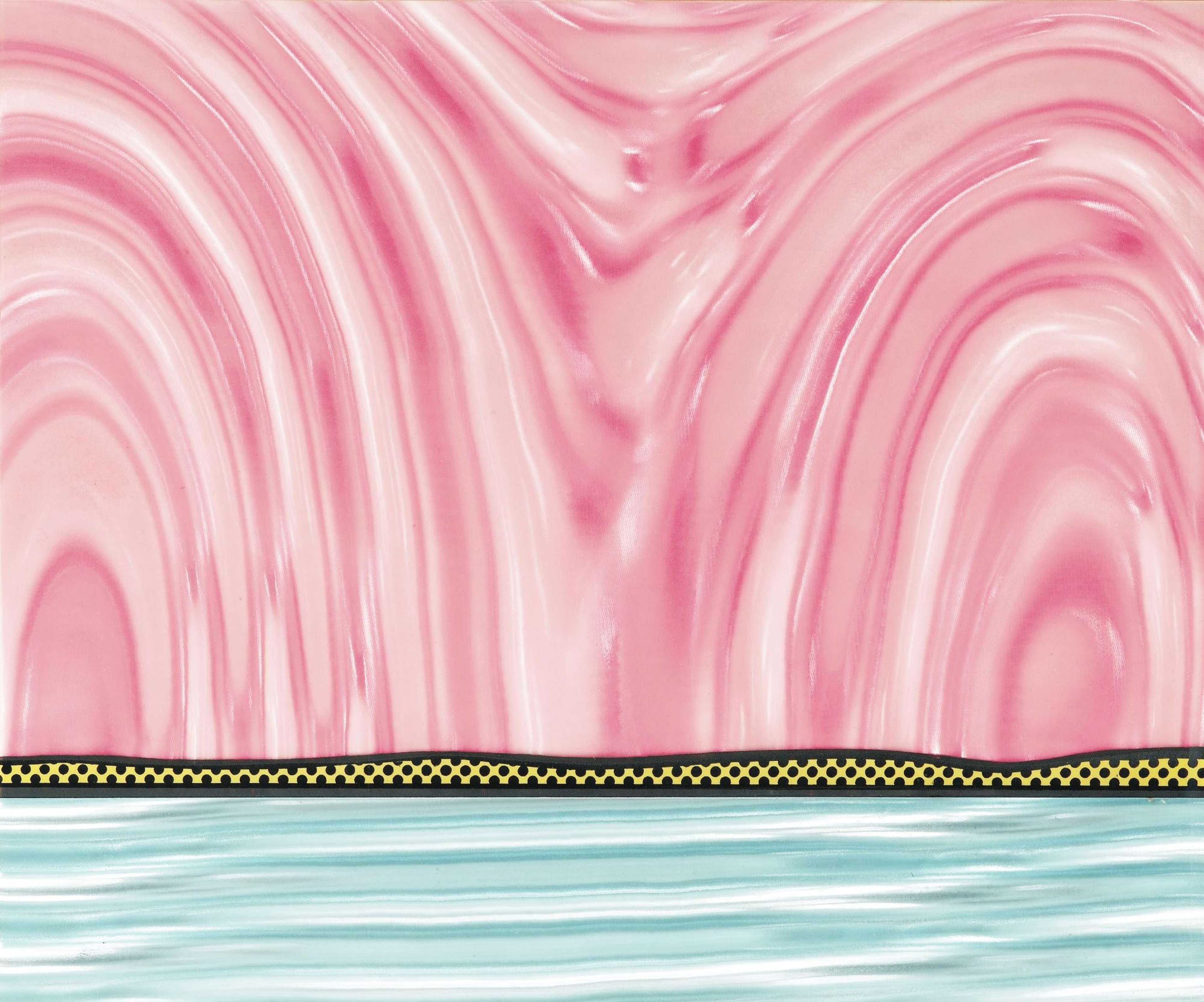 This print depicts a pink and white swirling sky set against pale turquoise coloured water. Plastic Rowlux sheets are applied in this print to mimic the shimmer of natural light. The synthetic fabric produces prismatic spatial interplays across the work’s surface, invoking a sense of movement. The reflections are interrupted in the middle by a distant mountain chain composed of black and yellow dots.