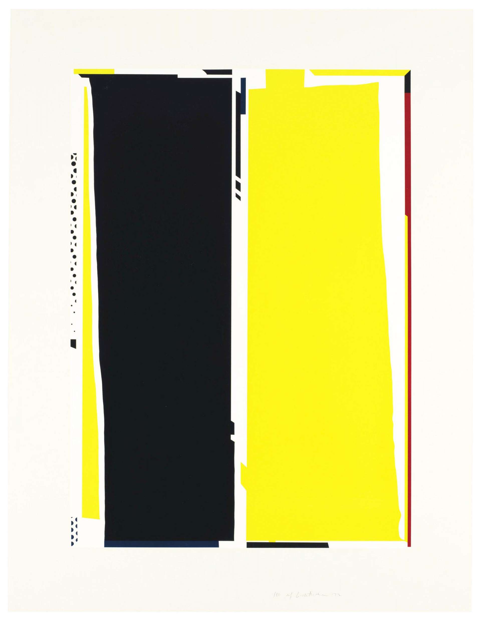The print conjures a flattened and unified surface. Two dislodged black and yellow colour blocks are pasted on a stark white backdrop. Fragmented red streaks and black dots adorn the rectangle’s edges, marking its framework. The abstracted shapes and the rich colour scheme constitute, yet also obscure the subject matter. Lichtenstein presents his mirror frontally, displaying the complete absence of reflections. 