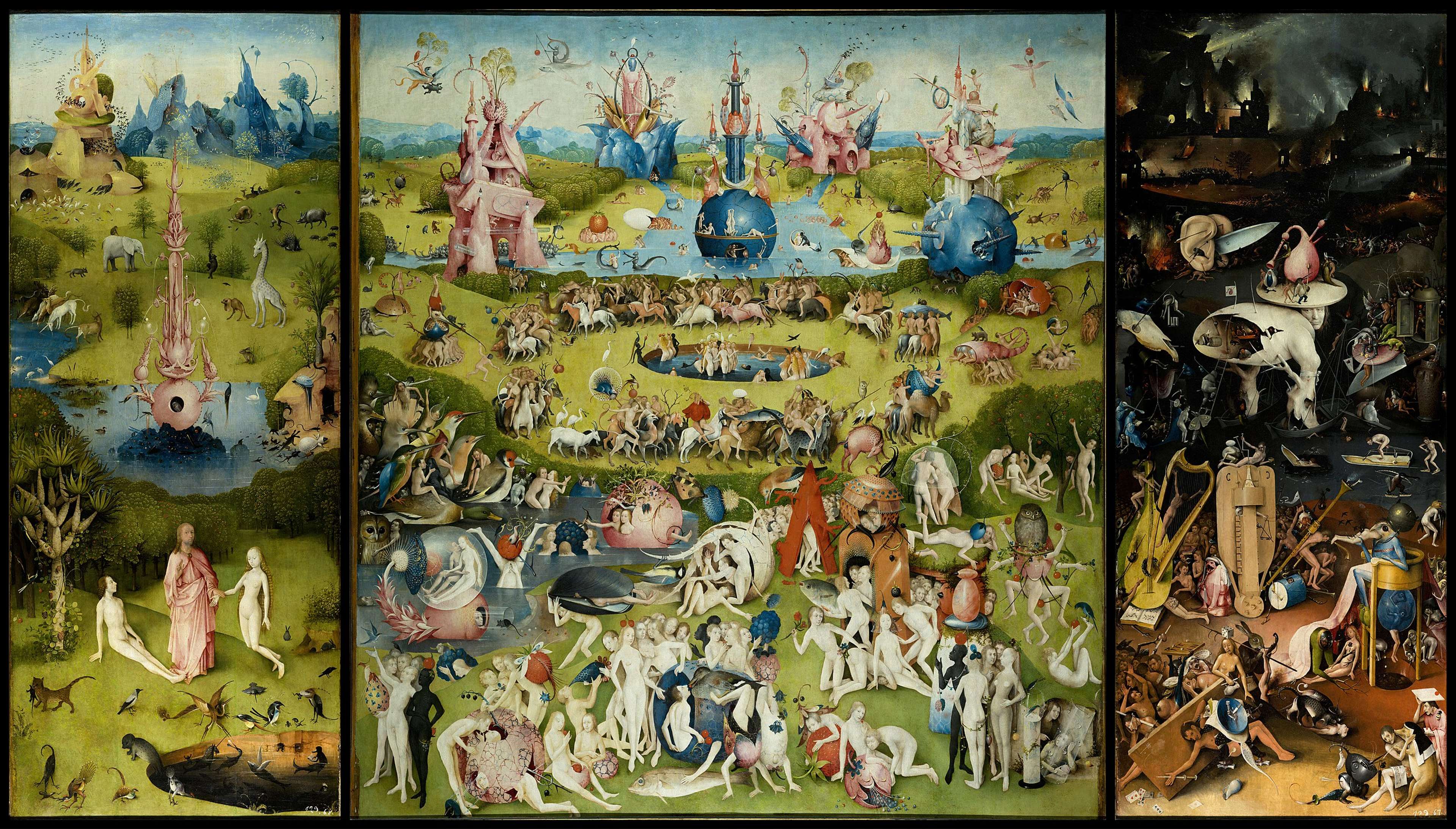 A vast triptych filled with fantastical scenes: at left, a serene green paradise with Adam, Eve, and strange animals; in the centre, crowds of nude figures mingle with hybrid creatures and surreal structures in a lush dreamlike landscape; and at right, a dark, chaotic hellscape swarming with monstrous beings and tortured souls.
