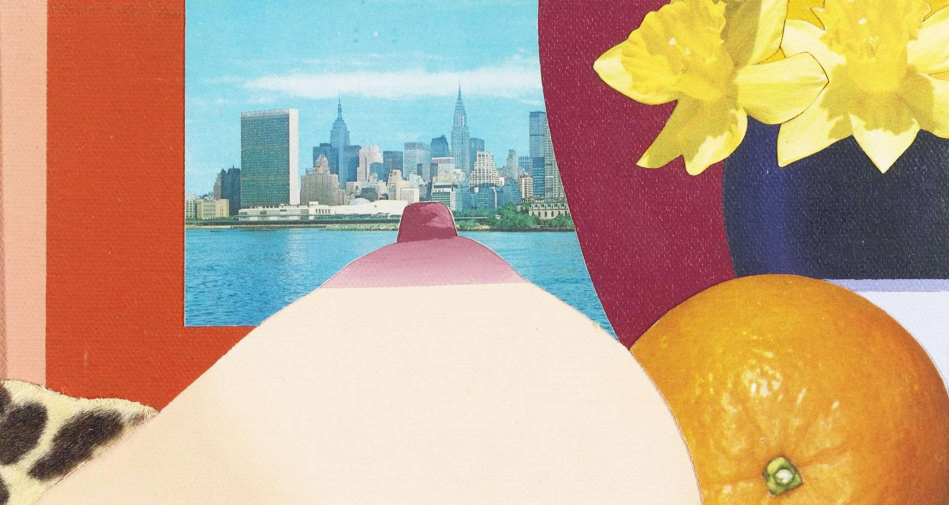 Close up of a woman’s nipple, an orange, yellow flowers collaged onto a backdrop of New York’s skyline over water.