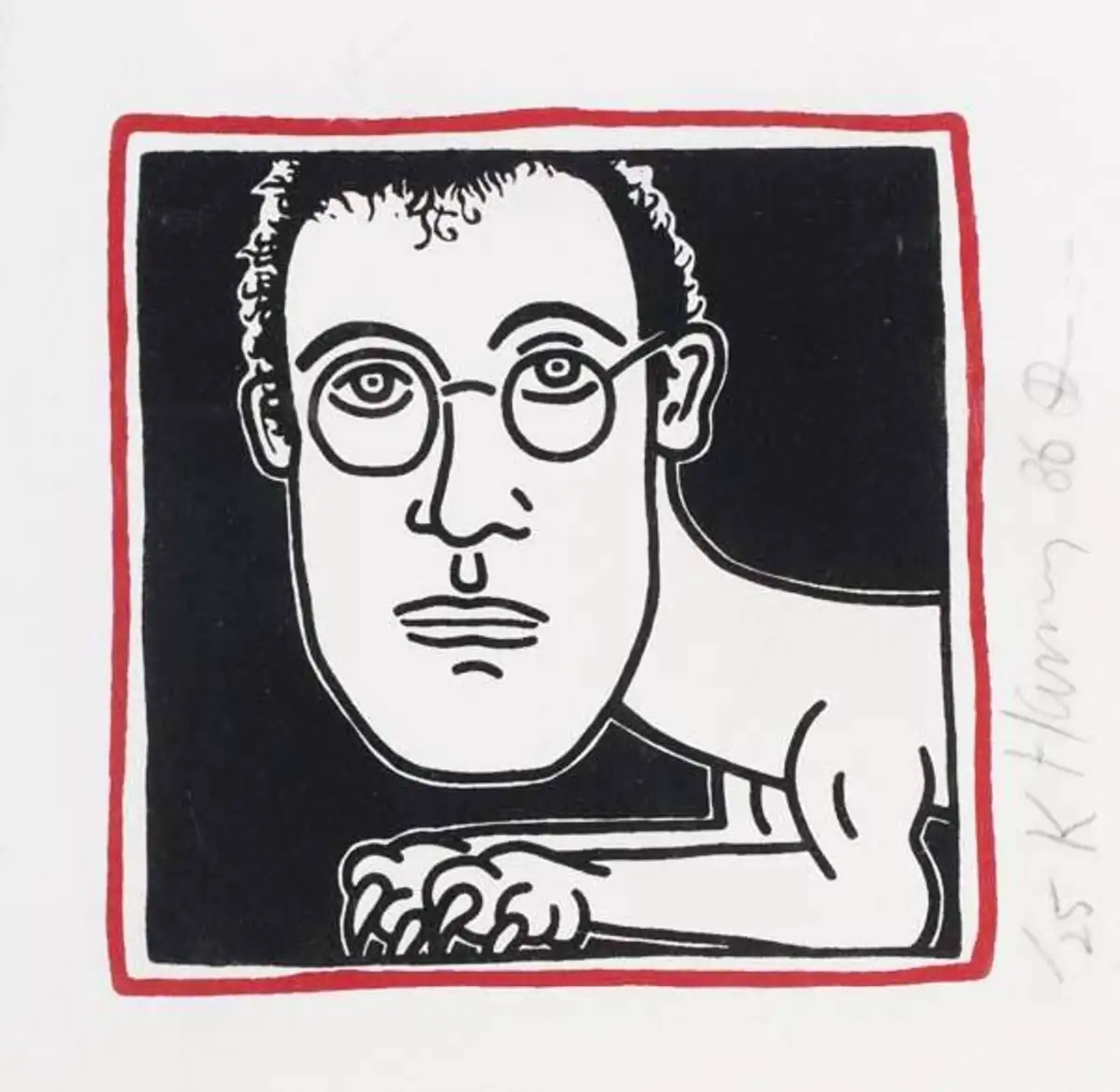 A self-portrait by Haring, whose face forms the central focus of the image, but it is unusual that this portrait shows the artist’s head attached to the body of an animal with sharp claws. This portrait is set against a plain black backdrop, framed with a bright red, crayon-like line as the only use of colour in the image.