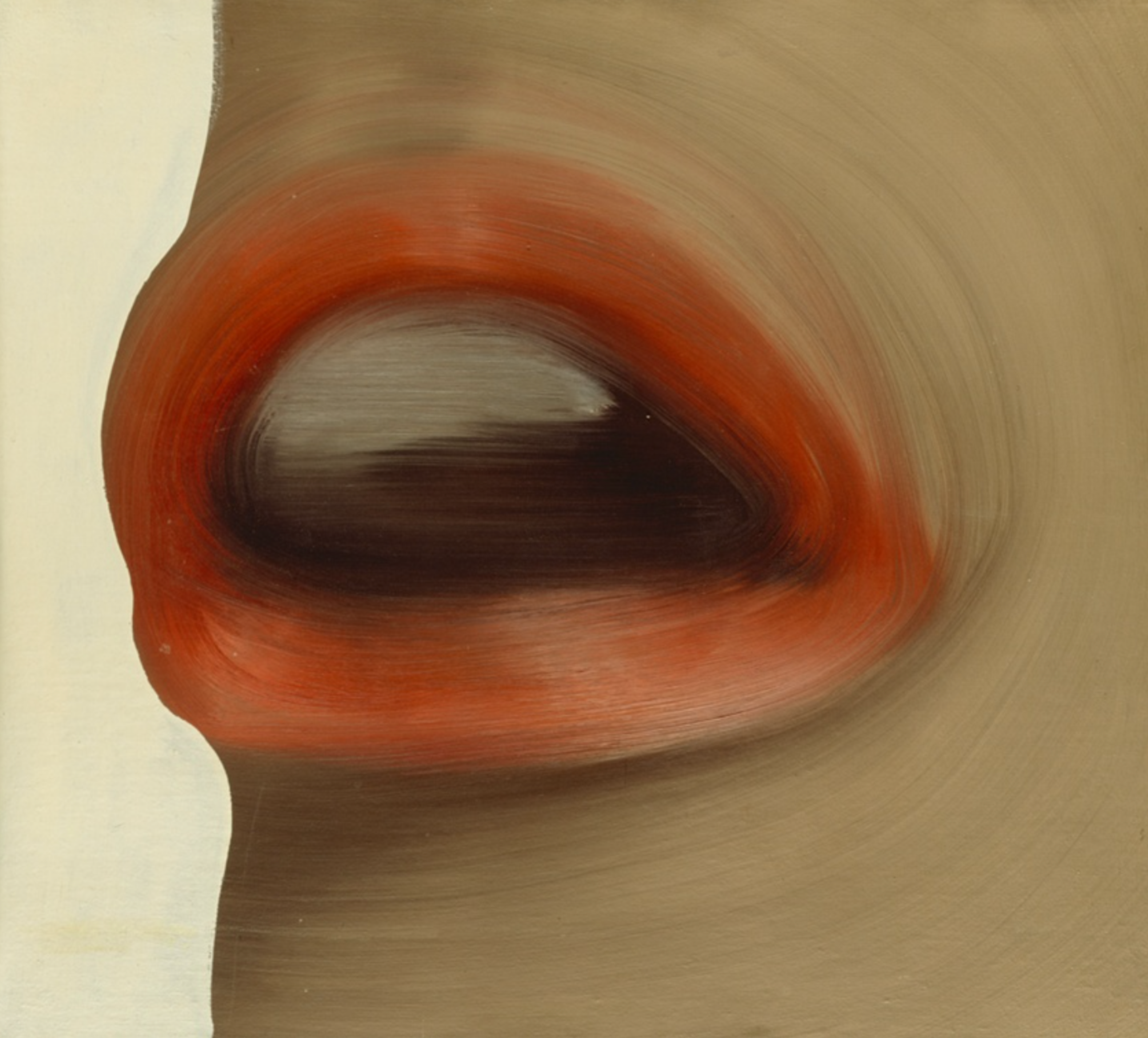 Painting by Gerhard Richter, depicting the mouth of Brigitte Bardot. The actress' mouth is slightly open with an orange-red lipstick on the lips. The artist's brushstrokes are visible and fluid.