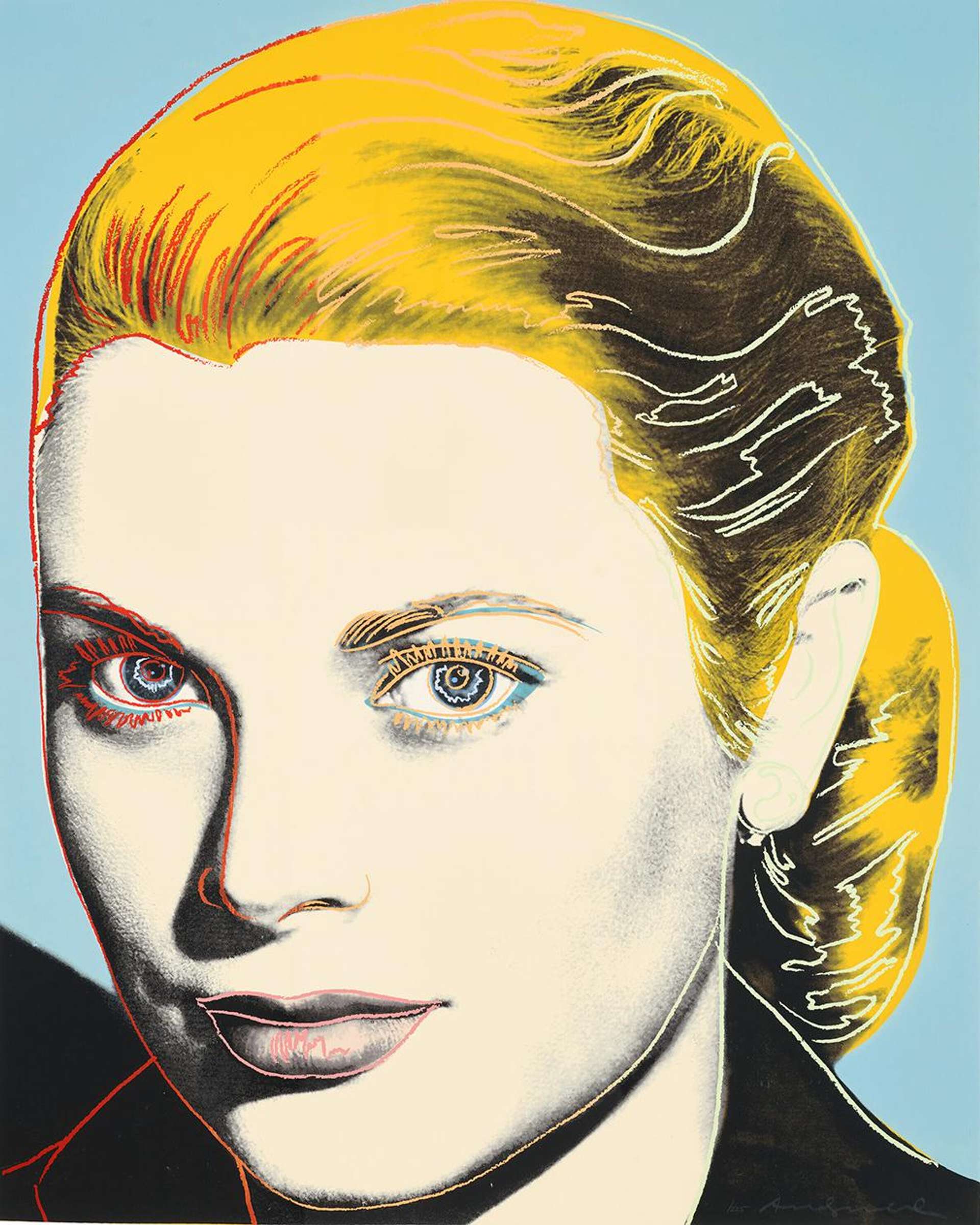 A screenprint by Andy Warhol depicting Grace Kelly with bright yellow blonde hair against a light sky blue background