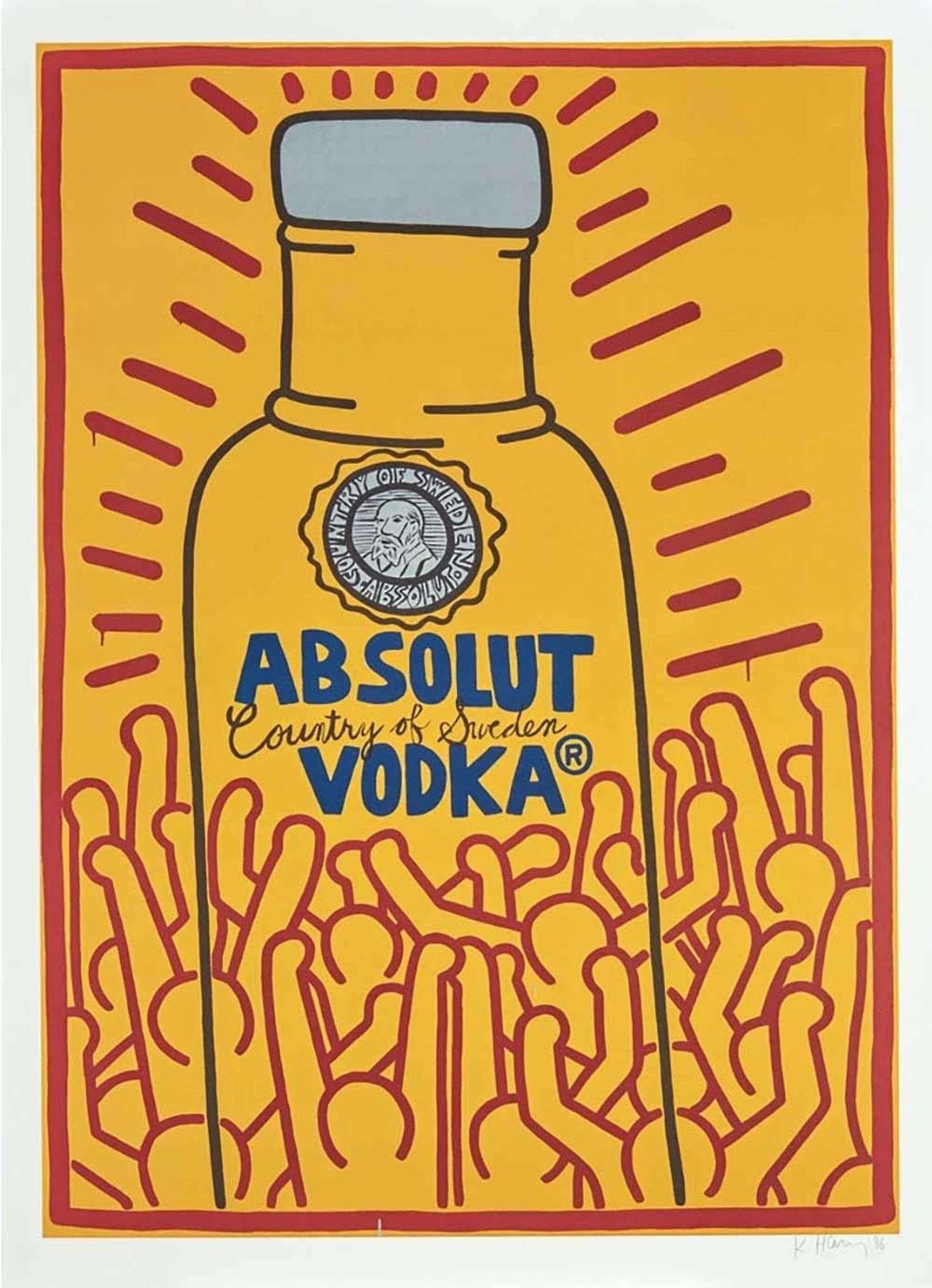 This signed lithograph from 1986 is a limited edition of 100 by Haring and shows the Absolut Vodka bottle rendered in Haring’s trademark bold lines, surrounded by a crowd of genderless figures. Haring uses bold red outlines against a bright yellow backdrop that sets a contrast against the blue Absolut logo.
