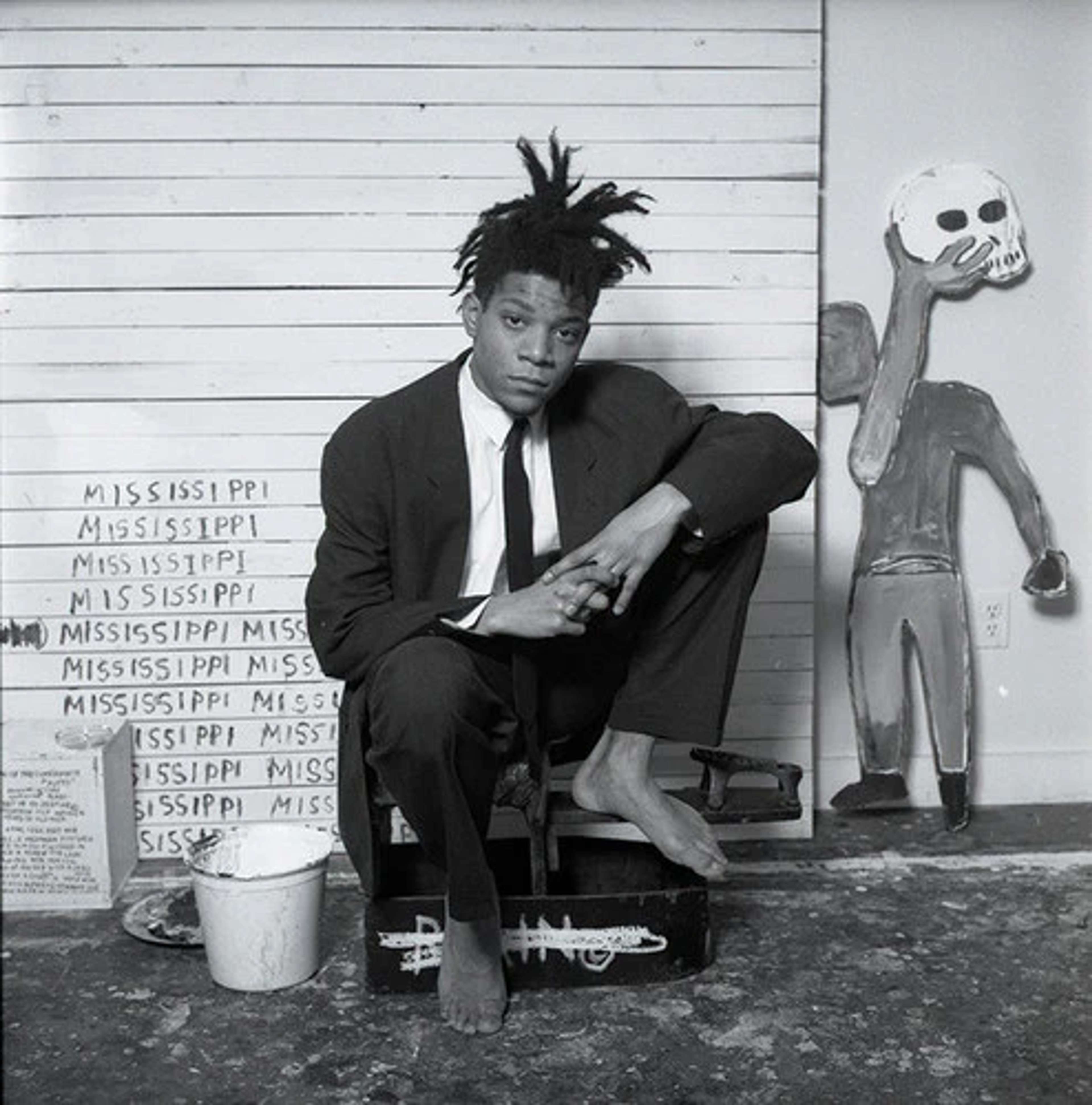 Black and white photogrpah of Jean-Michel Basquiat