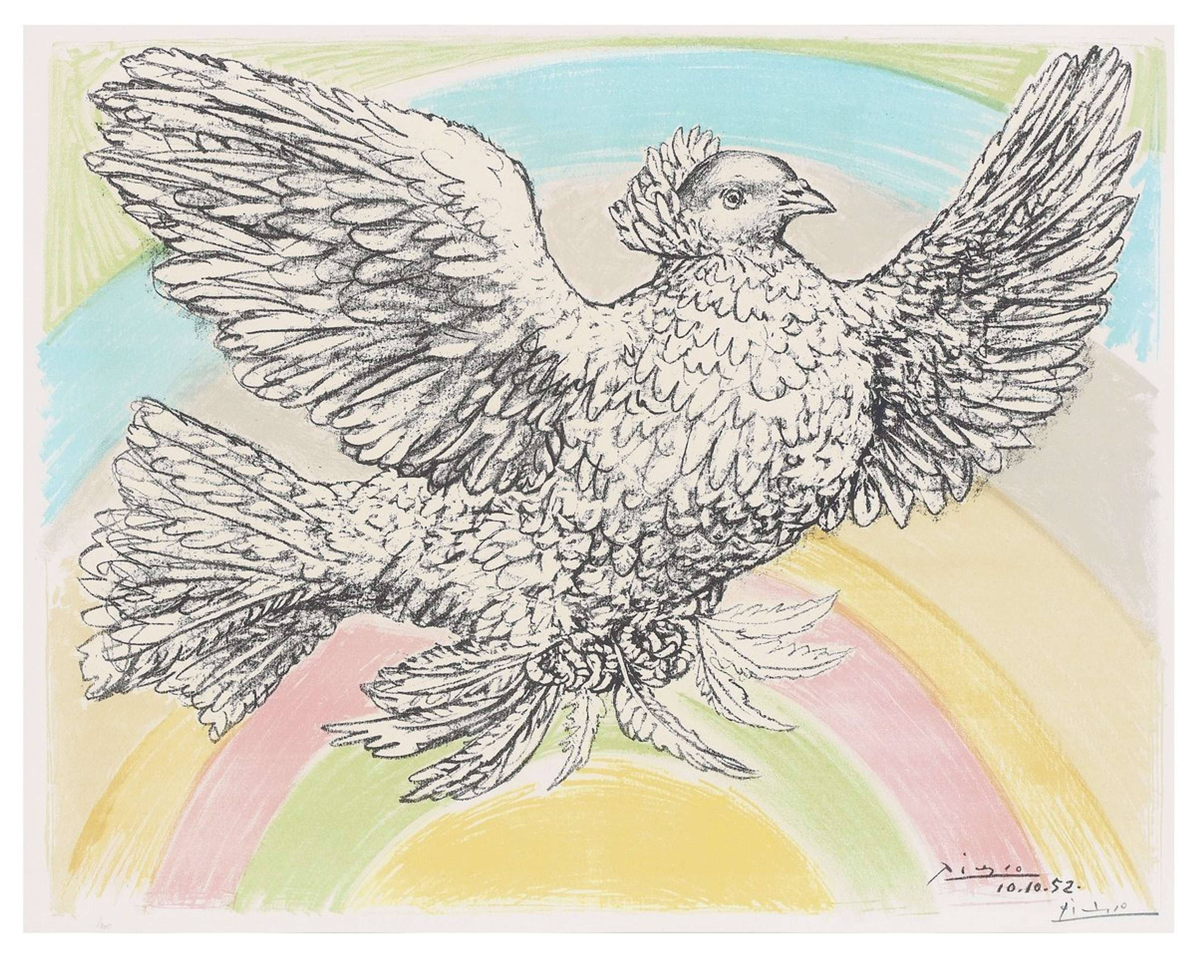 A lithography depicting a dove with black ink, set against a pastel coloured rainbow.