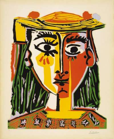 Portrait De Femme Au Chapeau A Pompons Et Au Corsage Imprimé - Signed Print by Pablo Picasso 1962 - MyArtBroker