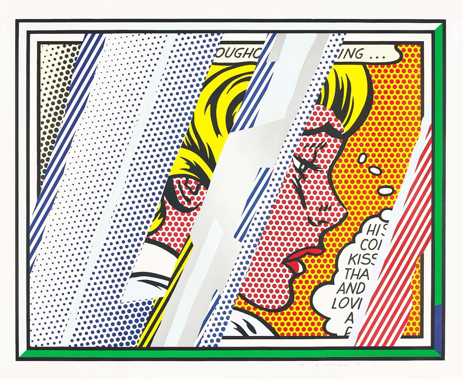 A screenprint by Roy Lichtenstein showing a cartoonish image of a woman obscured by reflections delineated in graphic lines and dots