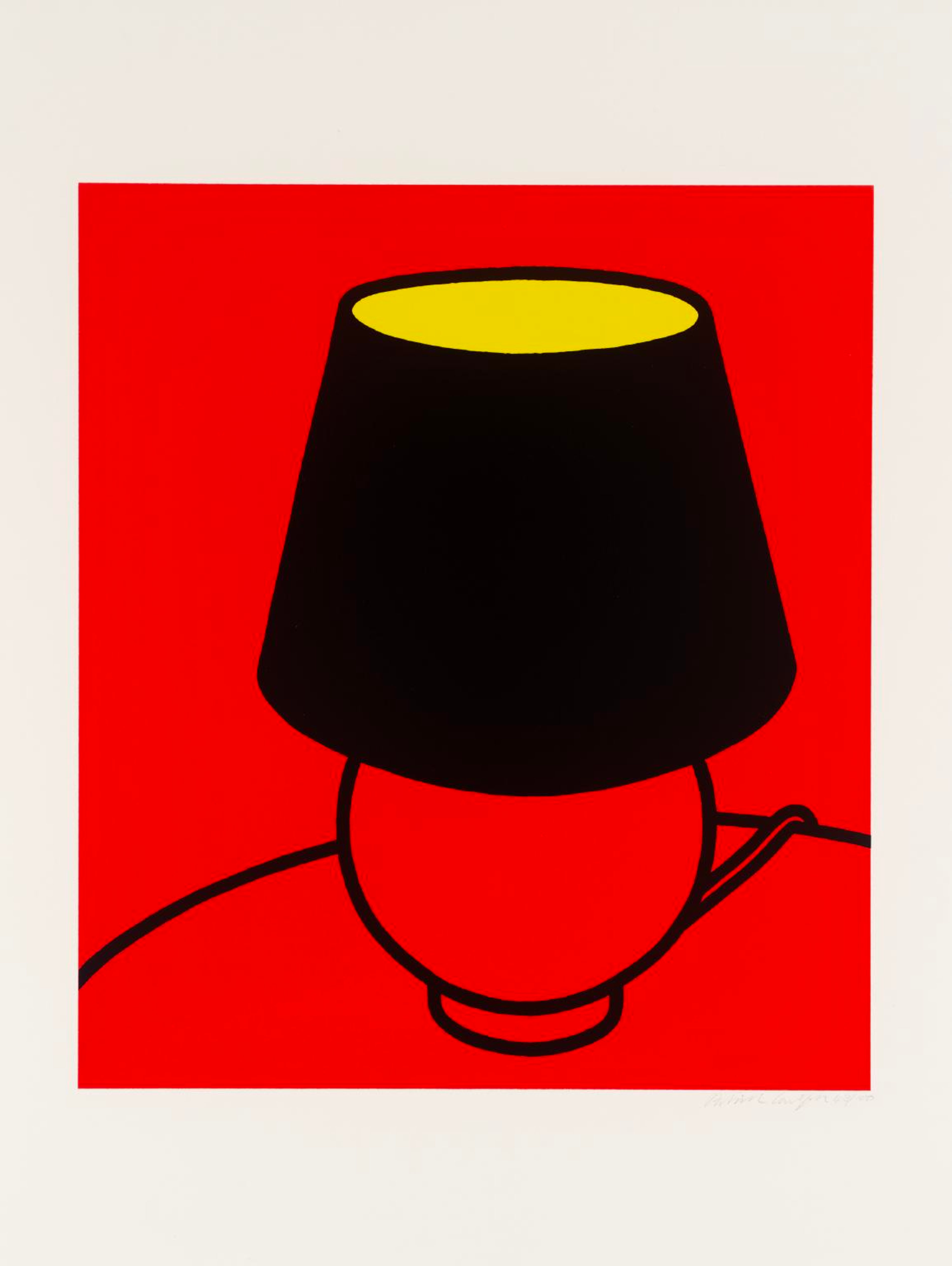 An outline drawing of a table lamp with a light shining through against a vibrant red background.