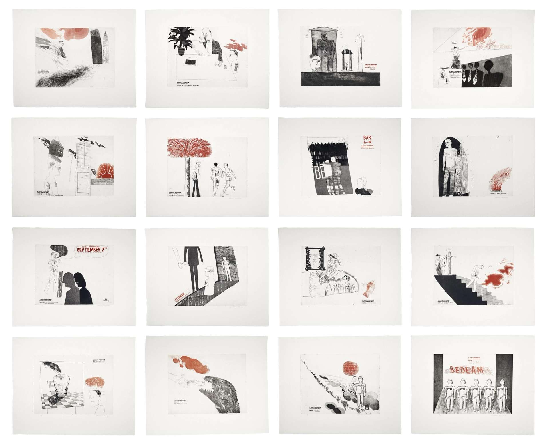 A complete set of David Hockney etching in monochrome and red ink.