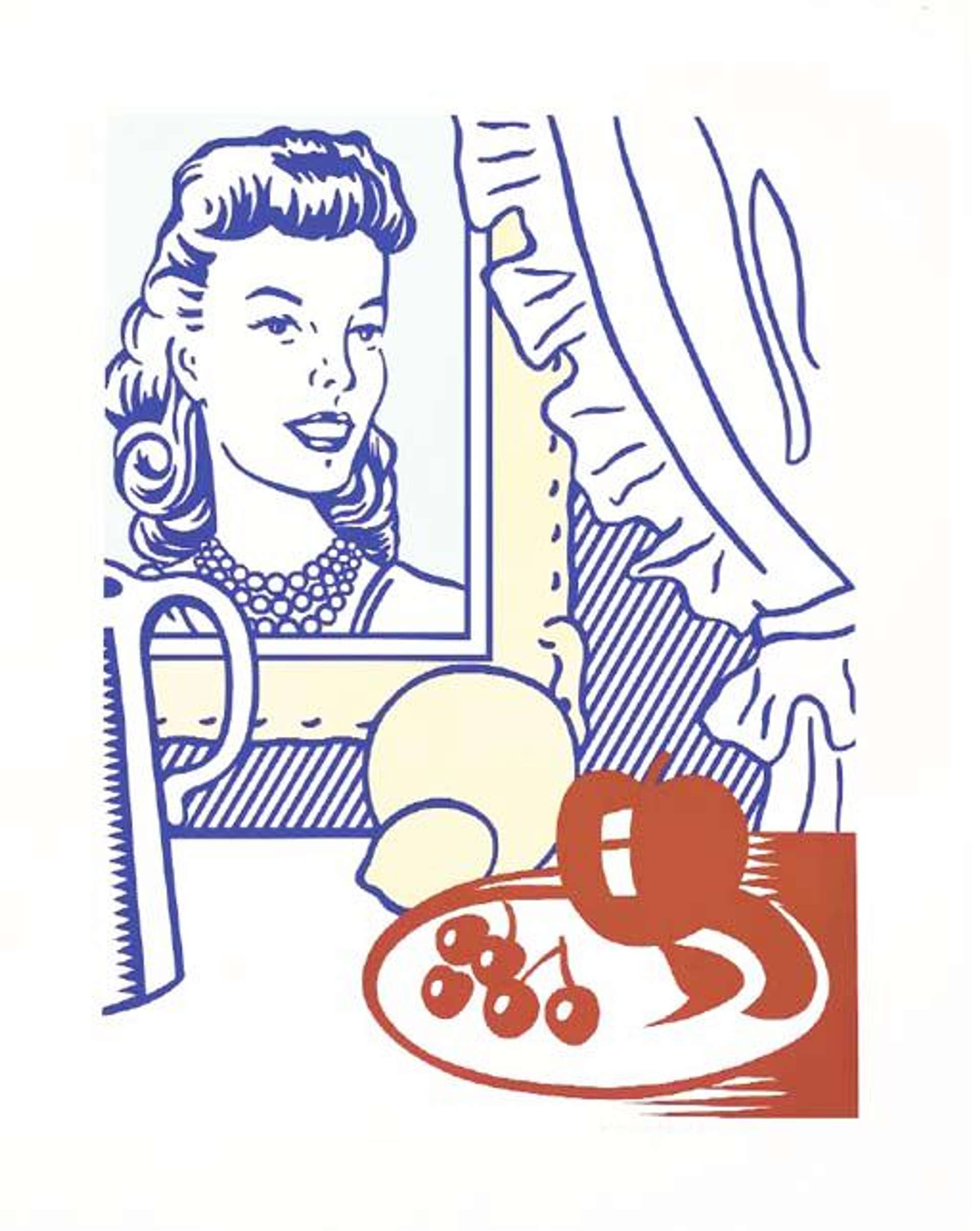 Still Life With Portrait follows the conventional layout of classical still lifes, framing a figurative interior with a frilly curtain and the ear of a pitcher. The portrait of a grinning woman is hung on the wall, reminiscent of a glamour shot. A bowl of fruit, contrastively minimalist, is situated on the table in the foreground of the work.