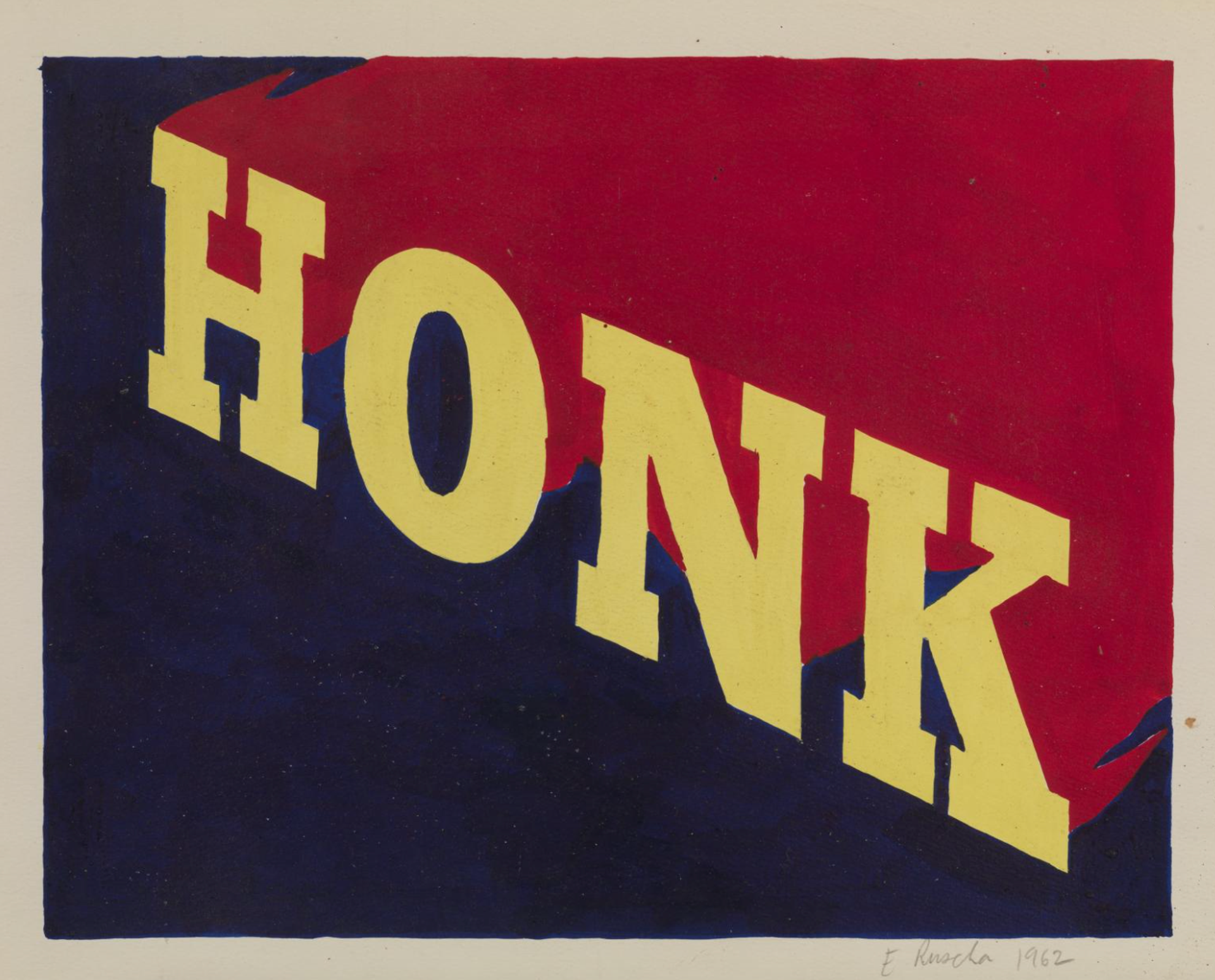 Painting by Ed Ruscha depicting the word 'HONK', in capitalised, diagonally inclined serif typography. The letters are painted in bright yellow and are set against a deep blue background. The letters are trailing an area of deep red that is perpendicular to the yellow lettering, giving a suggestion of depth within the picture plane.