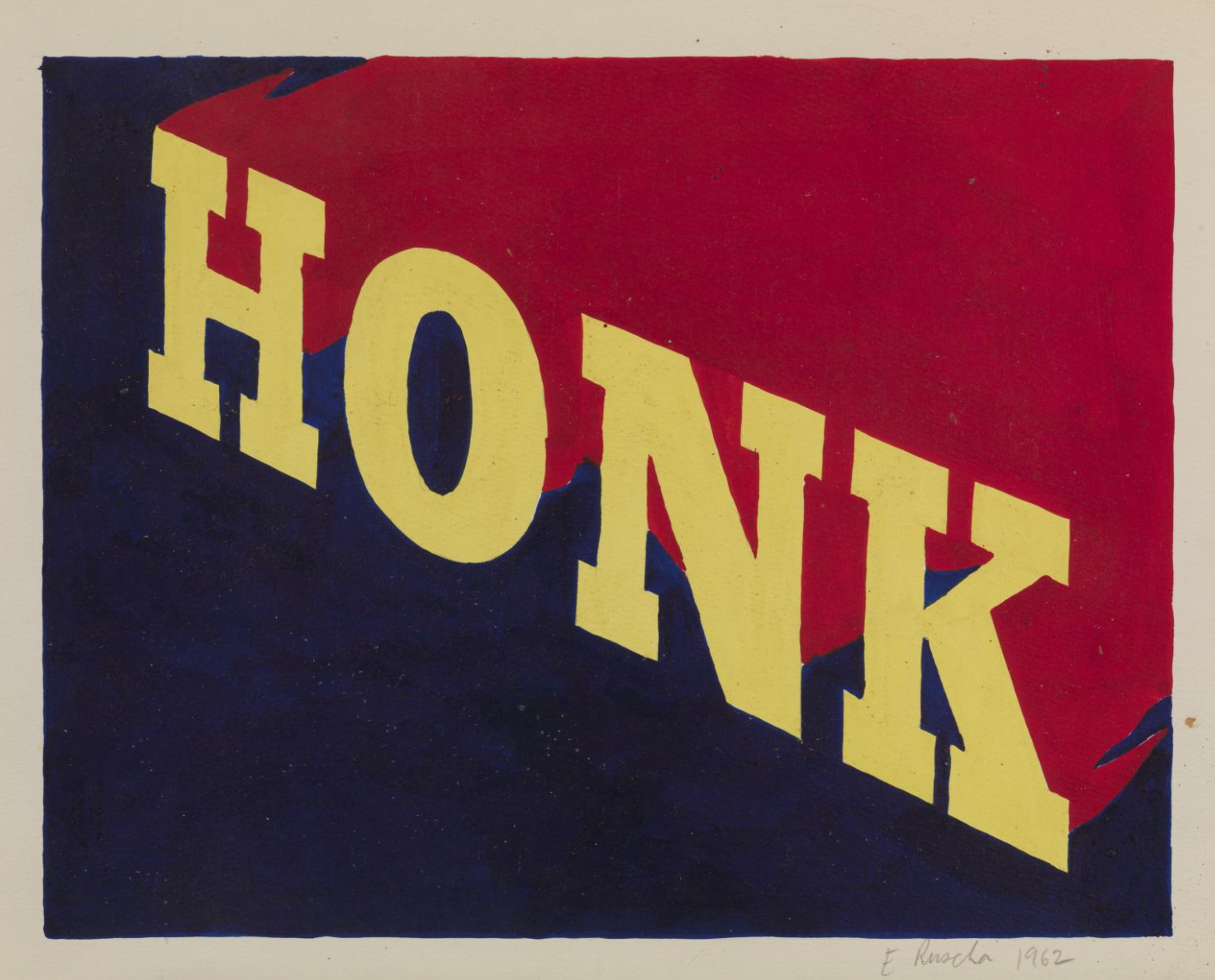 Painting by Ed Ruscha depicting the word 'HONK', in capitalised, diagonally inclined serif typography. The letters are painted in bright yellow and are set against a deep blue background. The letters are trailing an area of deep red that is perpendicular to the yellow lettering, giving a suggestion of depth within the picture plane.