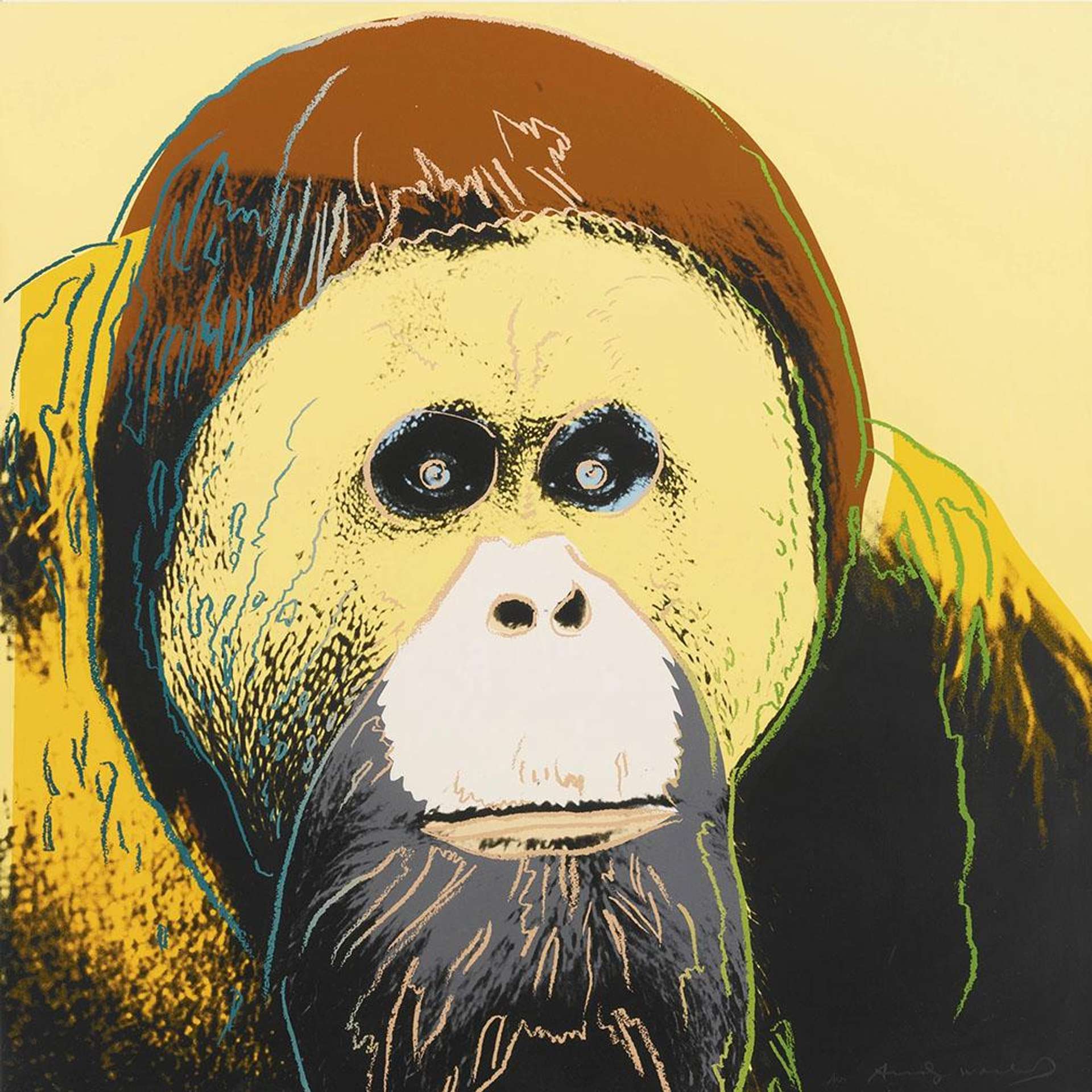 Pale yellow background featuring a sketch of an orangutan in the style of Pop Art