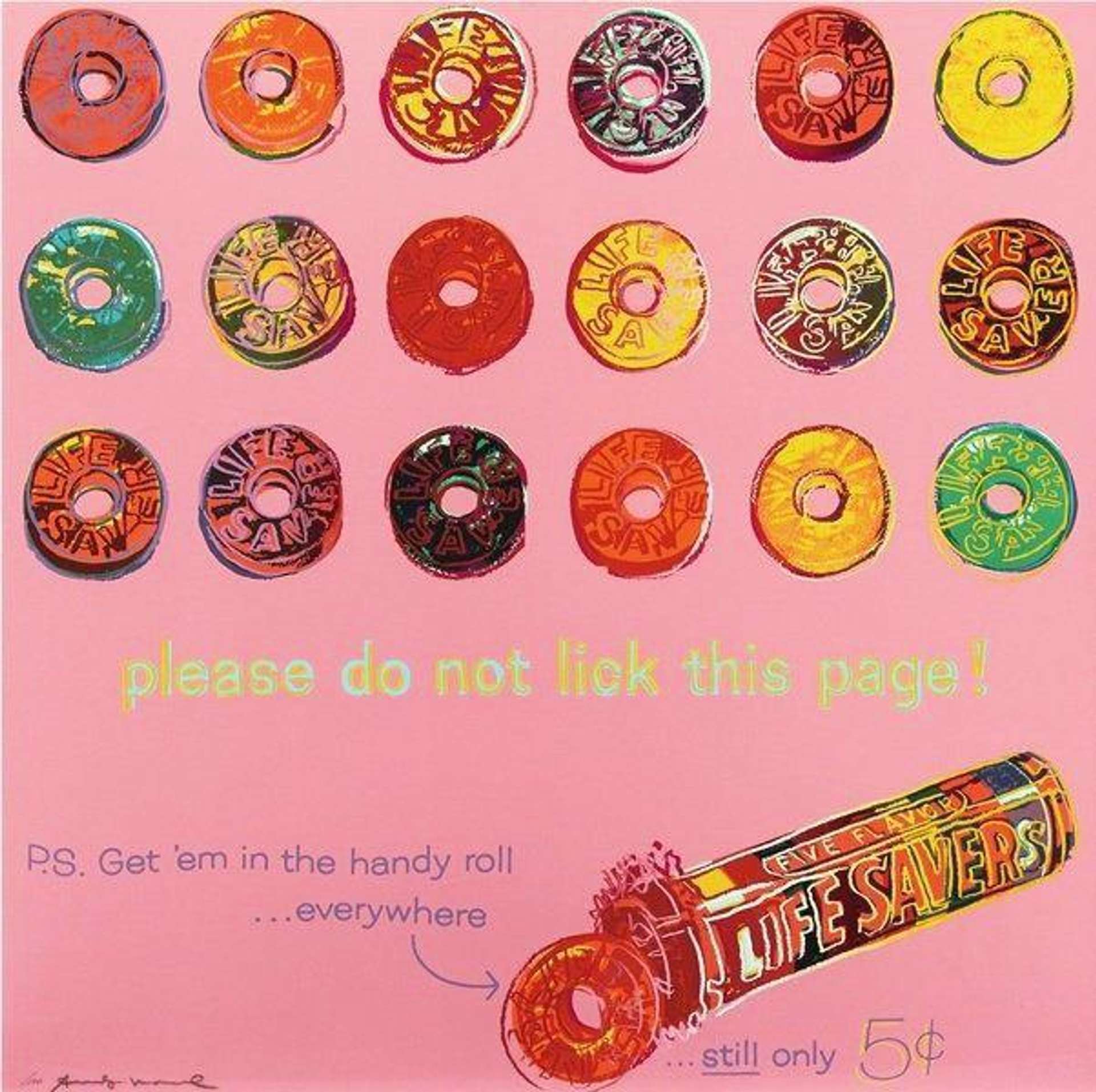 Andy Warhol’s Life Savers (F. & S. II.353). A Pop Art style advertisement of Life Savers against a pink background.