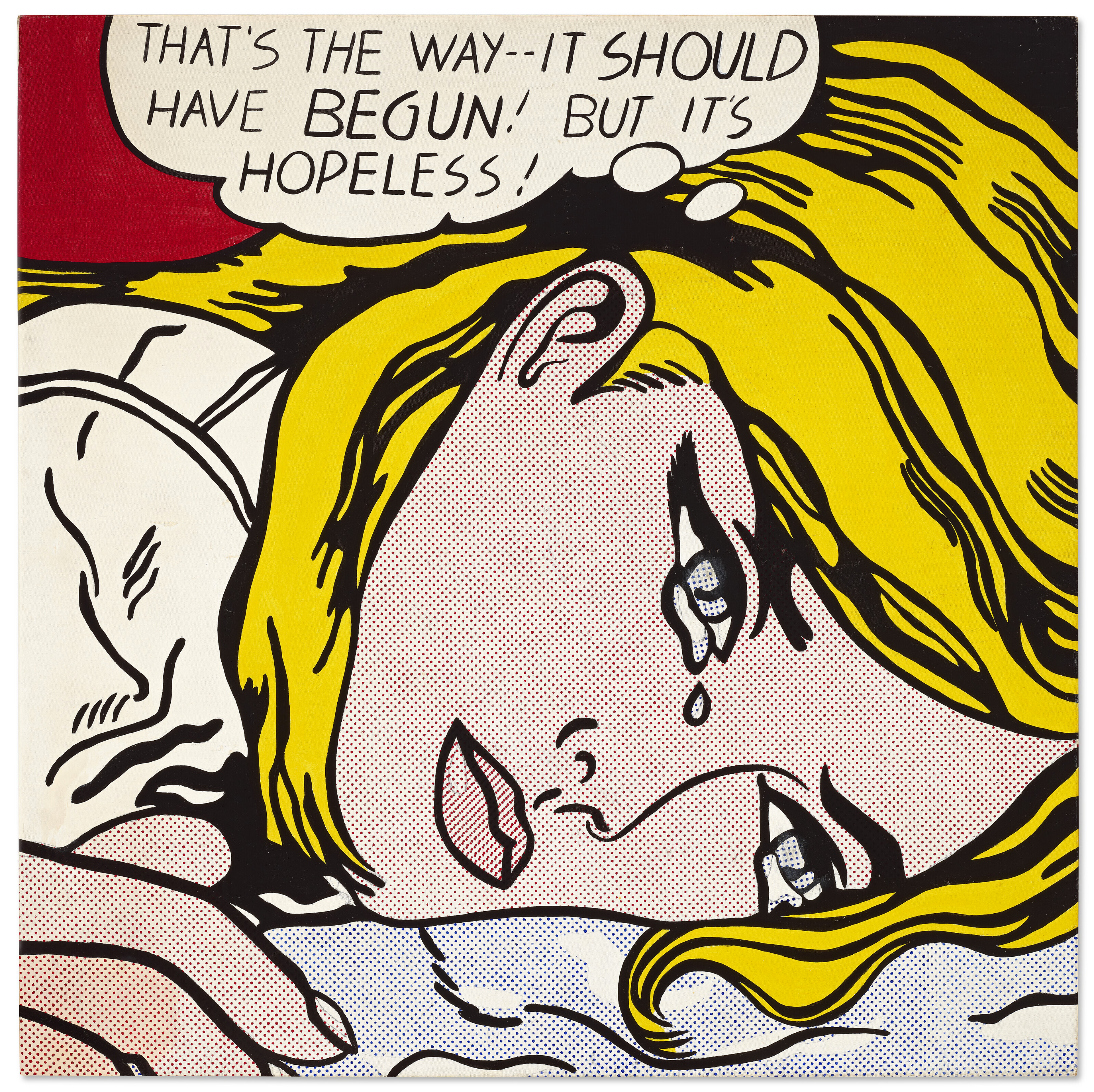 Hopeless is a typical example of Lichtenstein's Romance comics with its teary-eyed face and dejected woman filling the majority of the canvas. A woman is shown crying, with a thought bubble that reads: "That's the way it should have begun! But it's hopeless!"