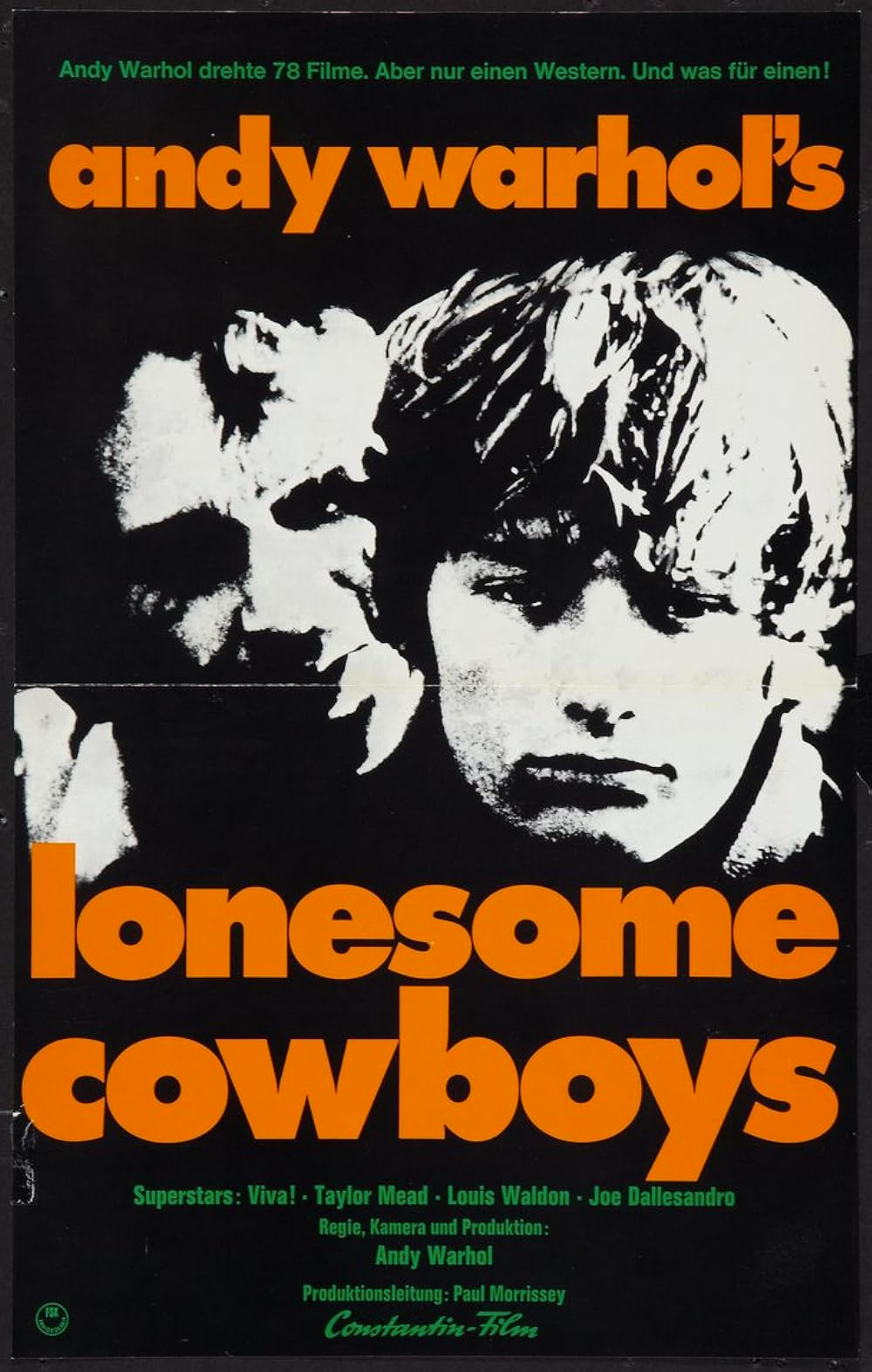 The poser for Andy Warhol's Lonesome Cowboys. It is a black and white image of two men gazing at the viewer. Warhol's name and the movie title are shown in bright orange.