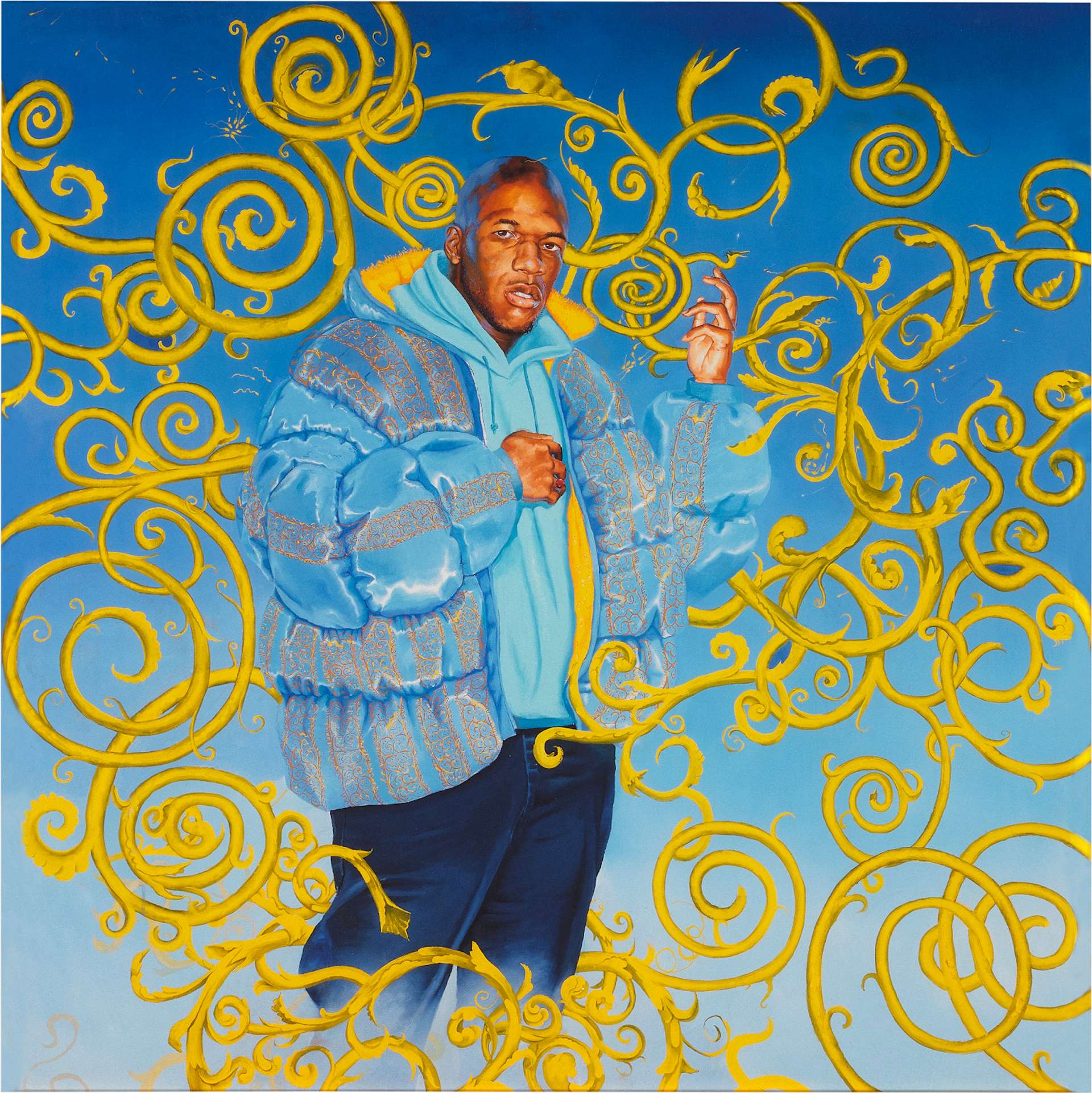 A man poses with his hand on his chest and the other at an angle in a regal poise; he wears a large puffer jacket, a hoodie, and jeans. In the blue background, ornate spirals twist around him.