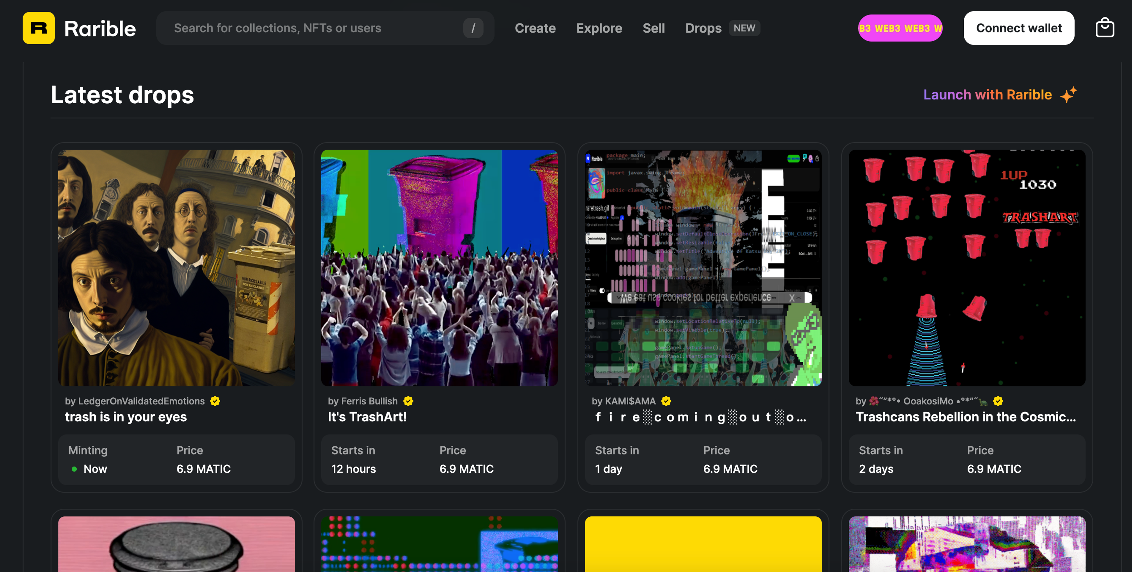 A screenshot of the landing page of the NFT marketplace Rarible, showing some of the artworks on offer.