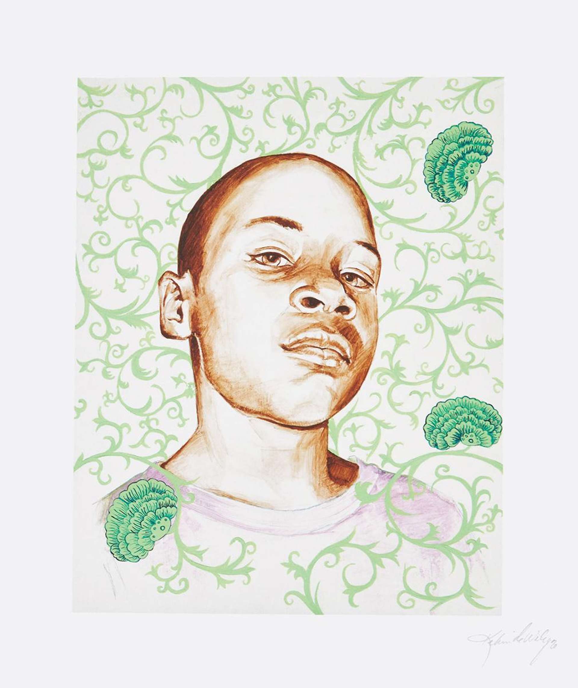 Kehinde Wiley’s Kid Ike. A pigment print of a male dressed in a young man in a light purple shirt, surrounded by green, arabesque styled foliage.