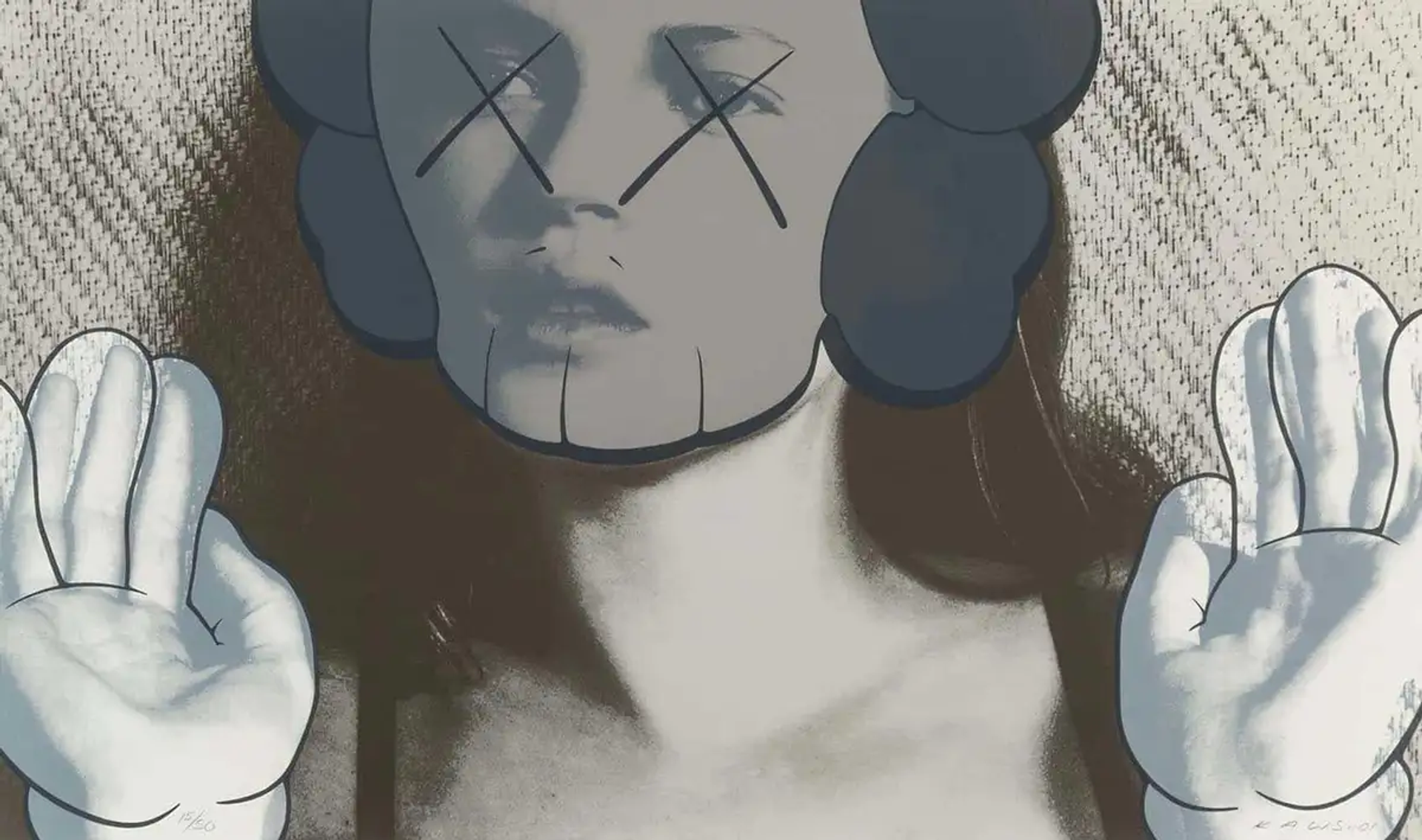 KAWS’ Kate Moss, White Gloves. A screenprint of a black and white photo of Kate Moss with animated style gloves over her hands and an animated style skull over her face.