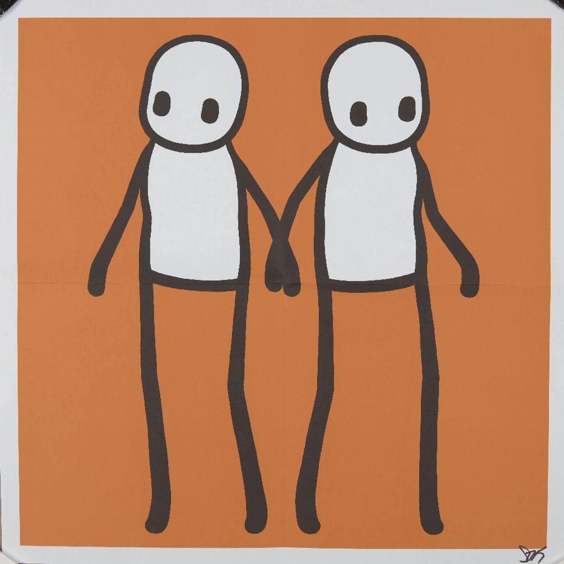 STIK’s Holding Hands (orange). A lithograph of two stick figures holding hands while facing in an opposite direction against an orange background.