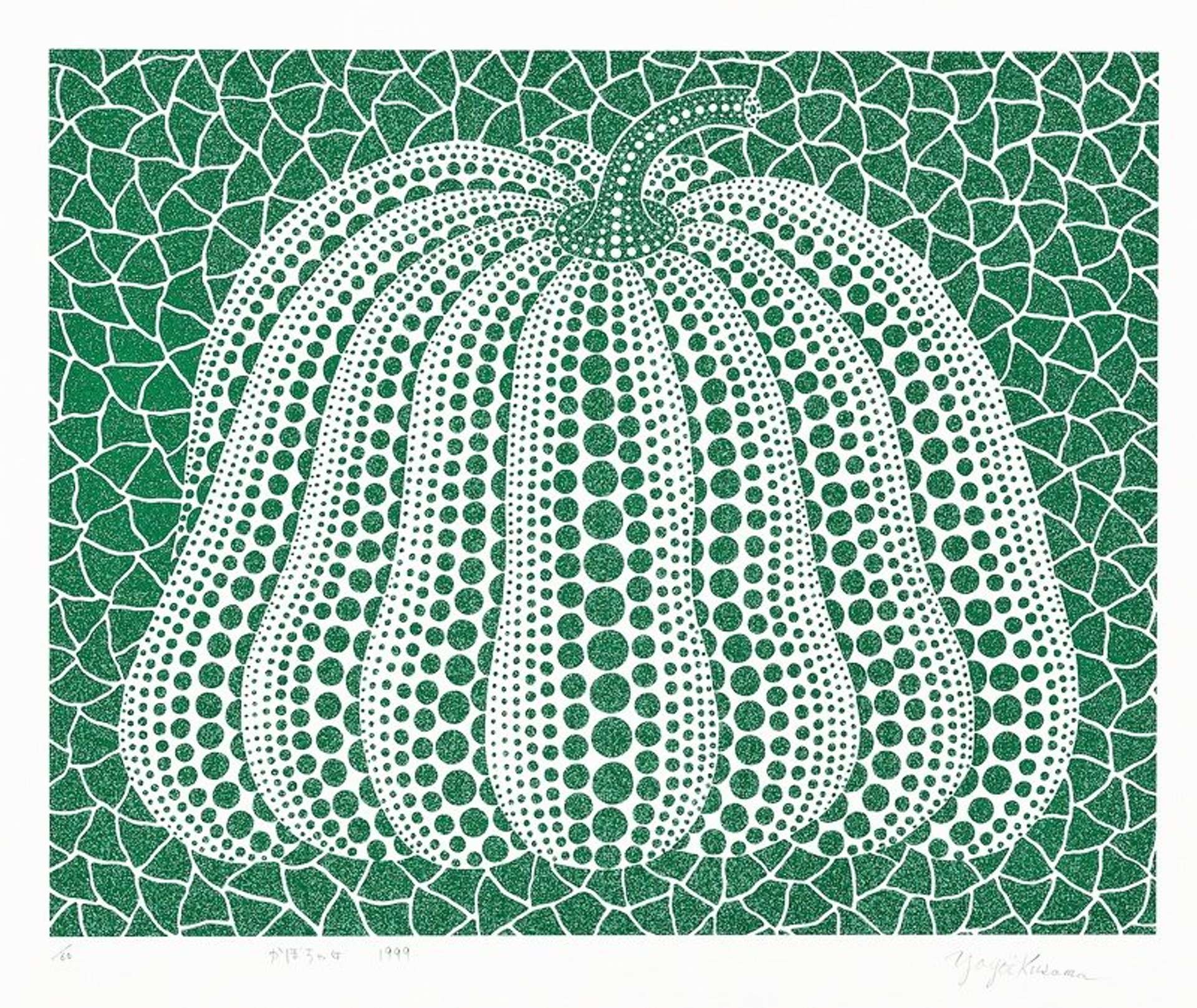 Yayoi Kusama's Pumpkin (green). A screenprint of a pumpkin created out of a pattern of green and white polka dots against a geometric patterned green background.