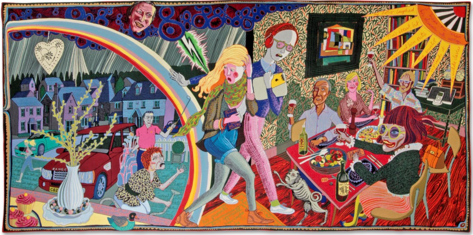 Tapestry by Grayson Perry, depicting a couple departing from an outdoor driveway into a dinner party.