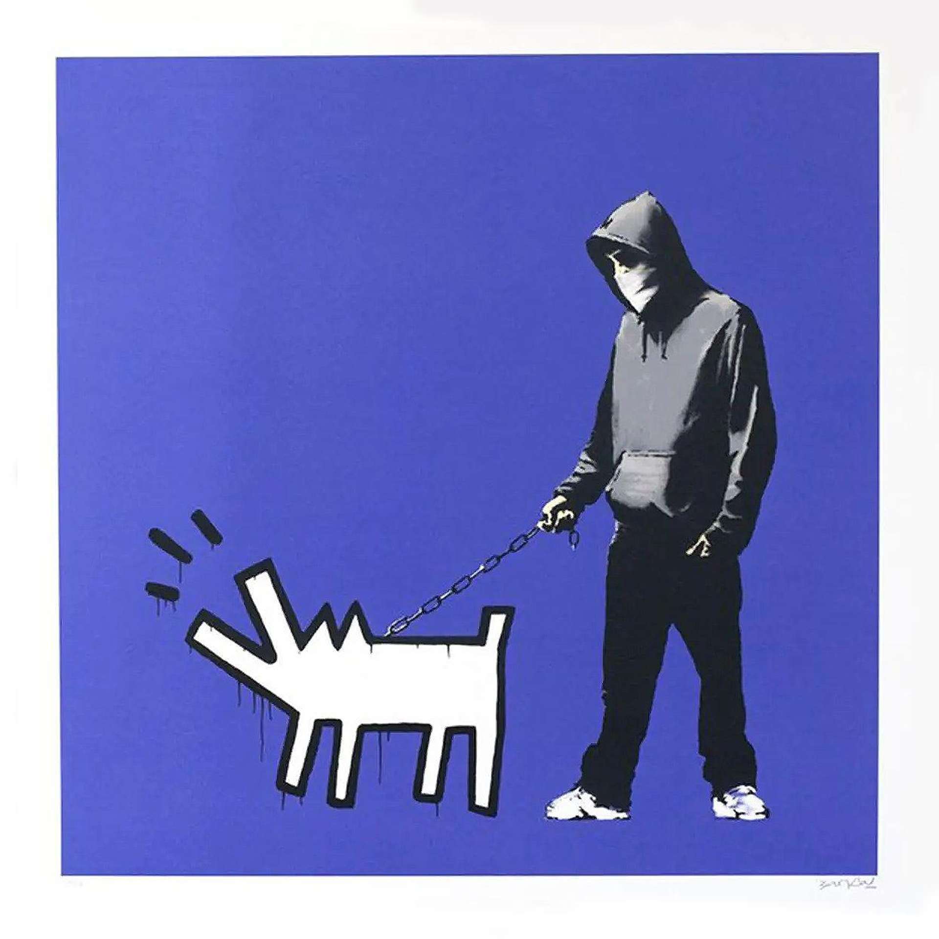 A screenprint by Banksy depicting a hooded man holding the leash of a Keith Haring Barking Dog, set against a dark blue background.