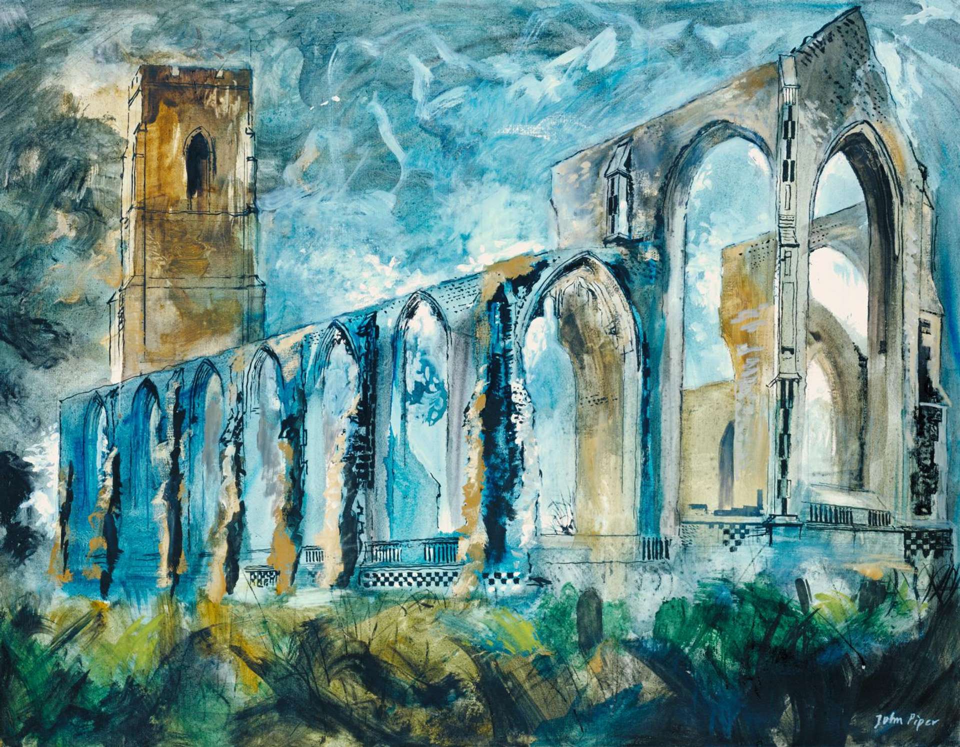 Painting of a 15th century church ruins in Suffolk, England. The artwork showcases the church's arches, a tall clock tower, and a serene sky. Rendered primarily in brown and gray shades, with hints of blue and green in the sky and surrounding fields.