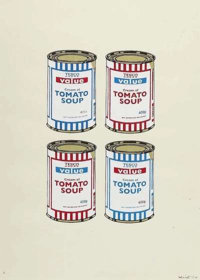 Banksy: Soup Cans Quad (blue and red on cream) - Signed Print