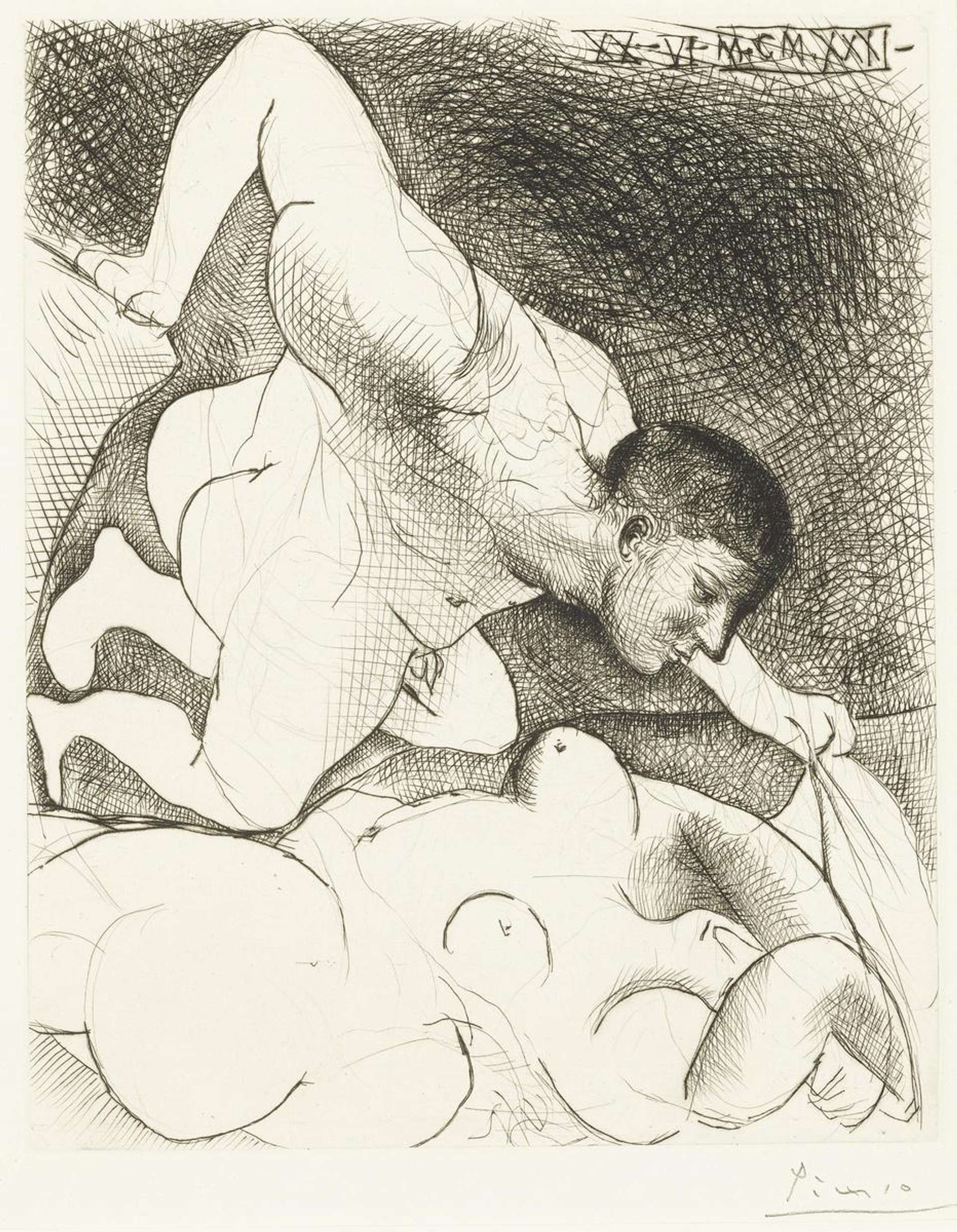 This monochrome print by Pablo Picasso shows a male figure uncovering a prone nude female figure.