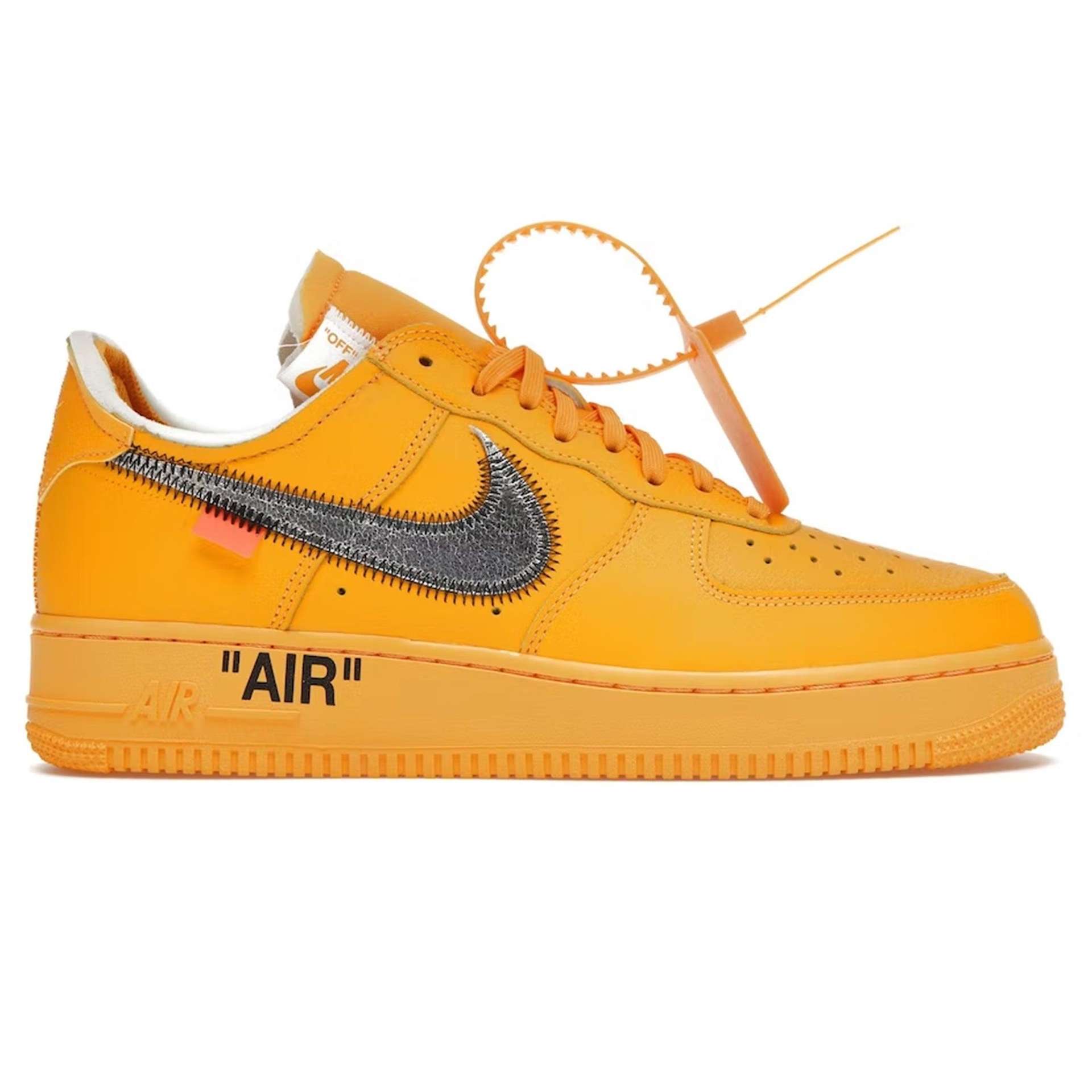 An image of an orange pair of Air Force 1 sneakers from Nike’s 2017 collaboration with brand Off-White.