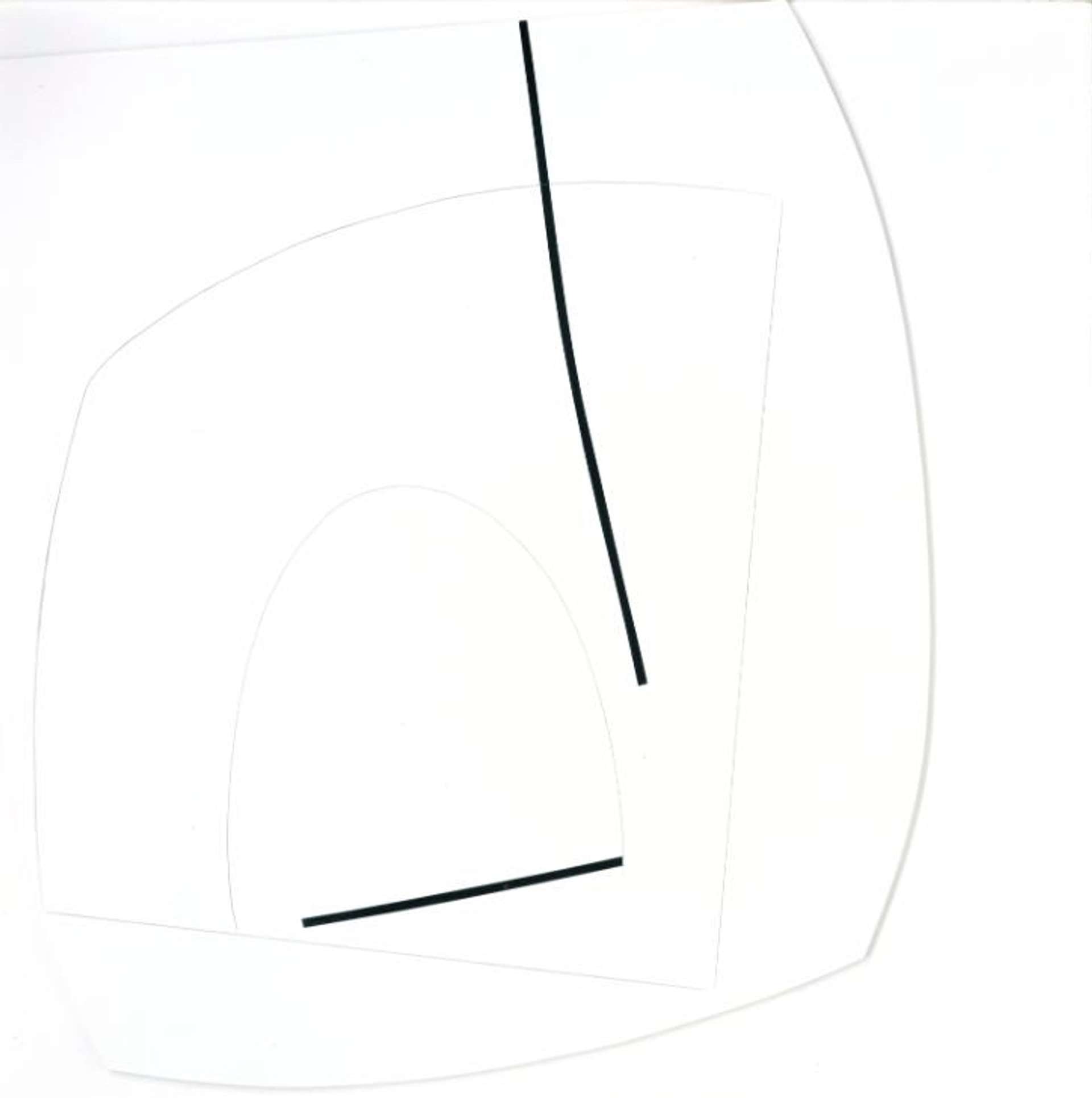 An abstract painting titled "Linear Motif In Black And White" featuring black lines arranged in a geometric pattern on a white background. The lines vary in thickness and direction, creating a sense of movement and depth.