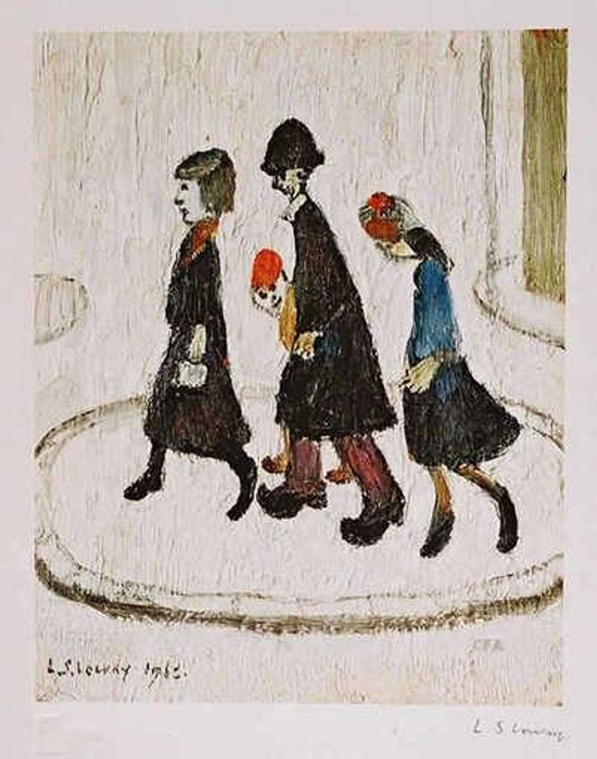 L.S. Lowry’s The Family. A lithograph of four family members walking together on a local street. 