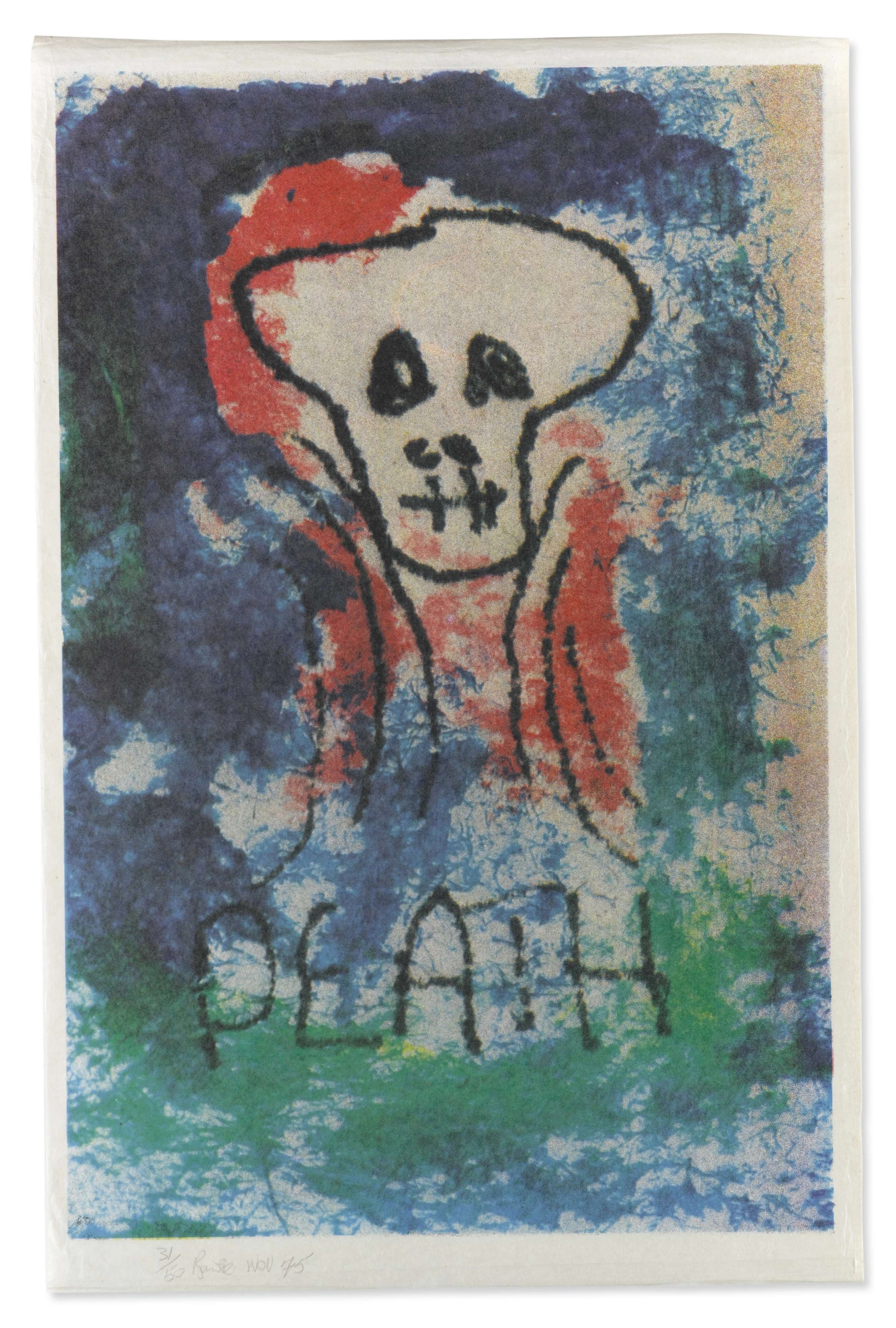 A skull at the top centre of the composition surrounded by fields of red, blue, and green ink with the word “DEATH” inscribed underneath the skull.