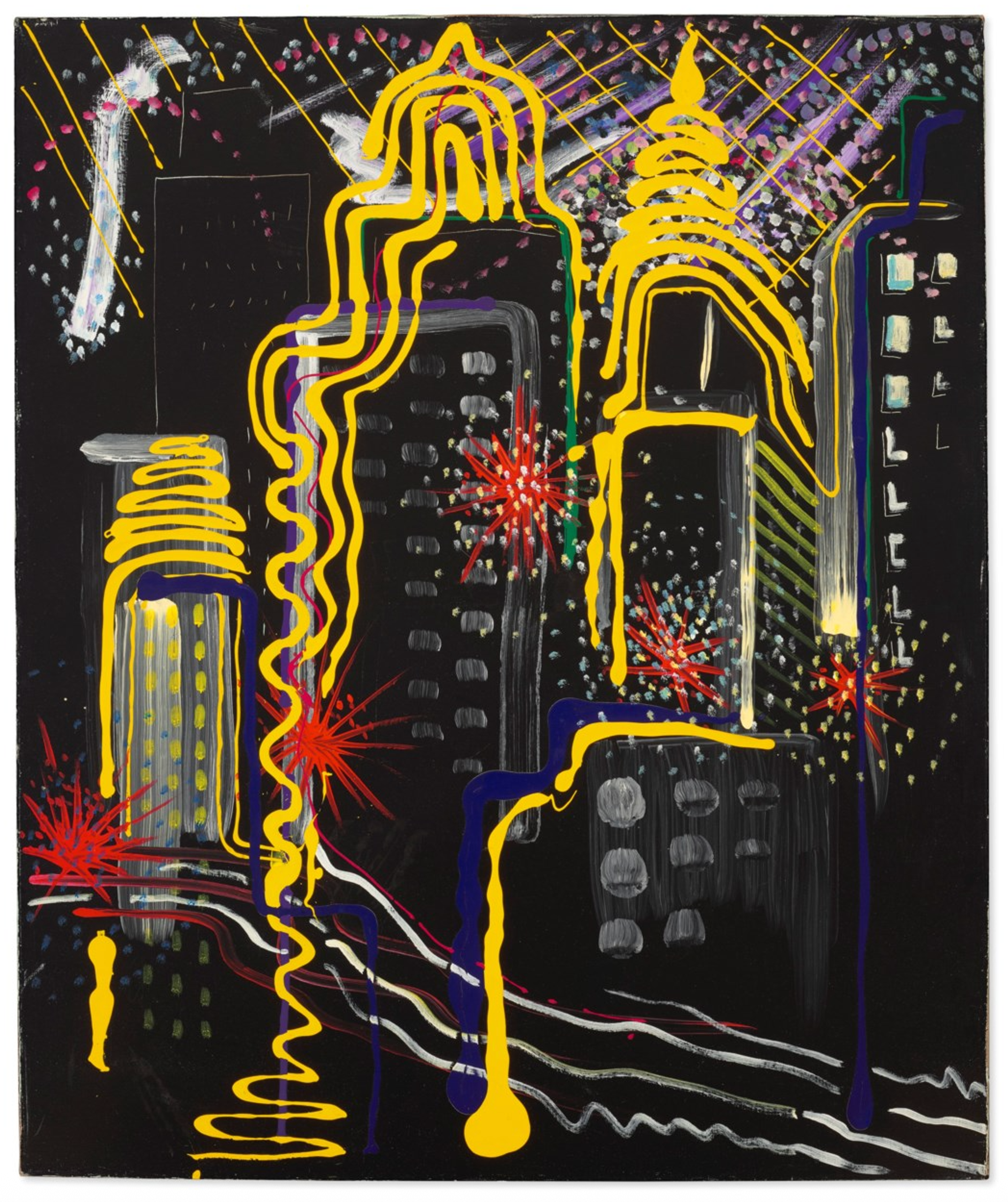 Chaotic drip-like outlines of bright yellow paint form the shapes of tall, modern buildings across a black background. Touches of grey paint suggest the windows of the buildings, while pink and white lines in the sky suggest a setting light. A few bursts of red paint run across the centre width.