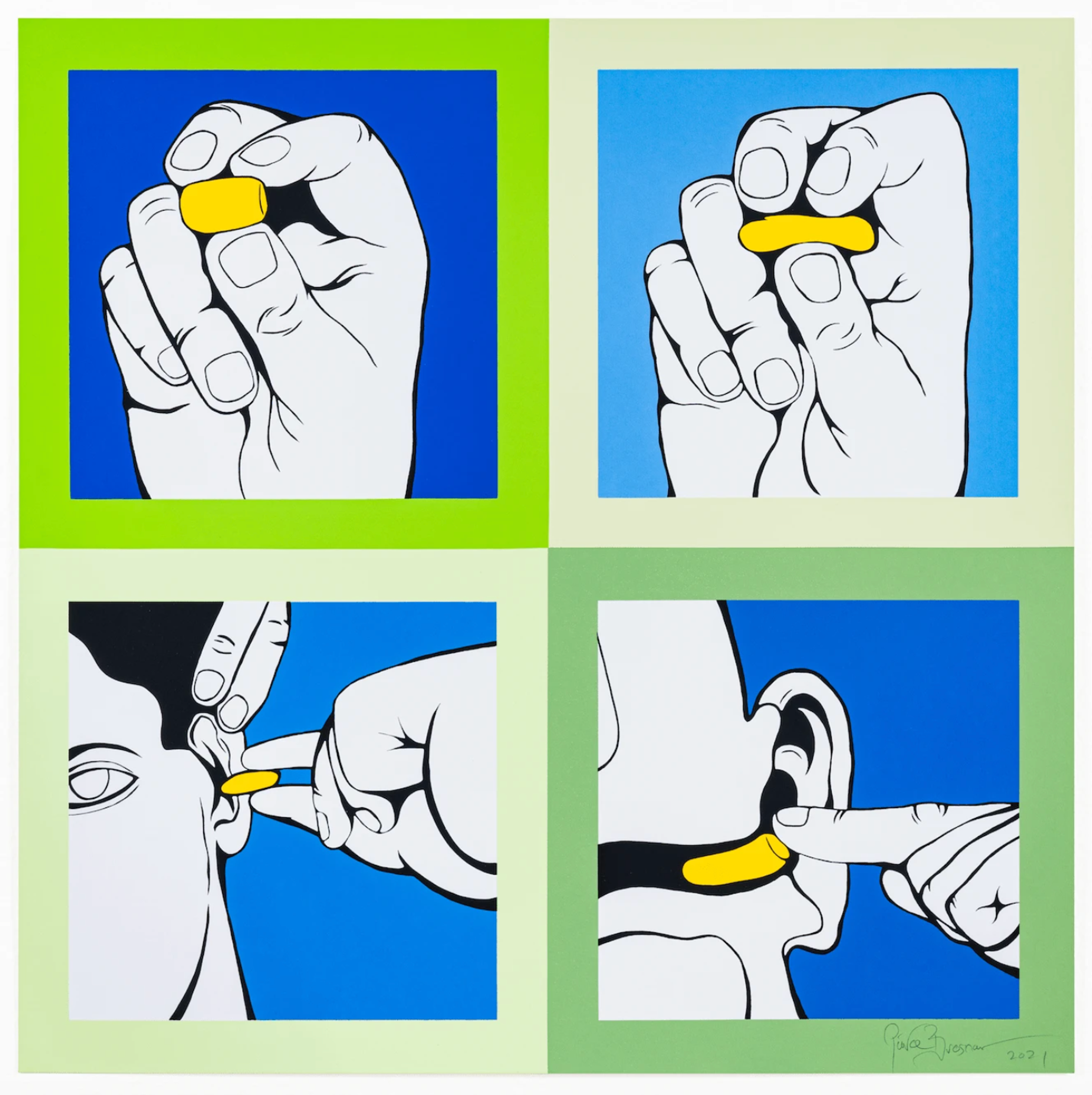 Four prints demonstrating how one would insert an earplug in a palette of green, blue, yellow, black and white.