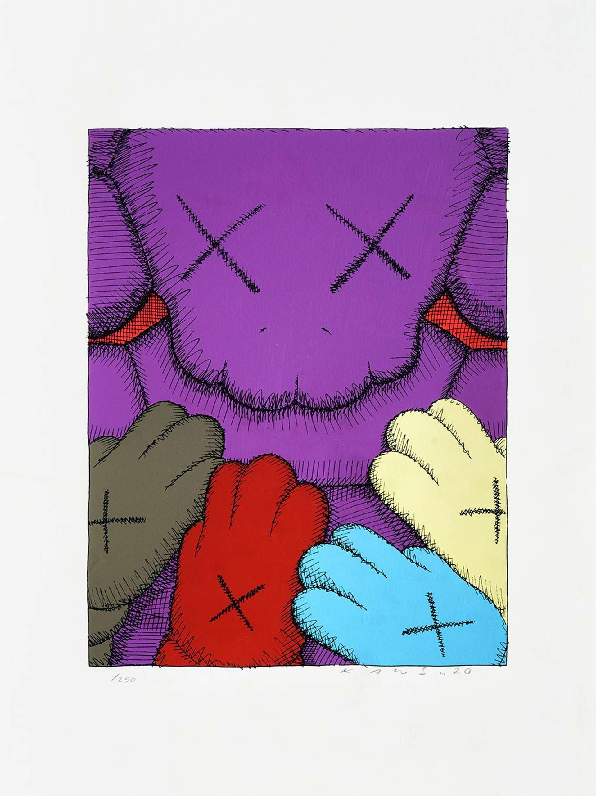 KAWS’ Urge 8. A screenprint of a purple plush character with x marked eyes. There are four similar styled hands in grey, red, light blue, and white, each with an x in the centre of the hand, touching the purple figure.