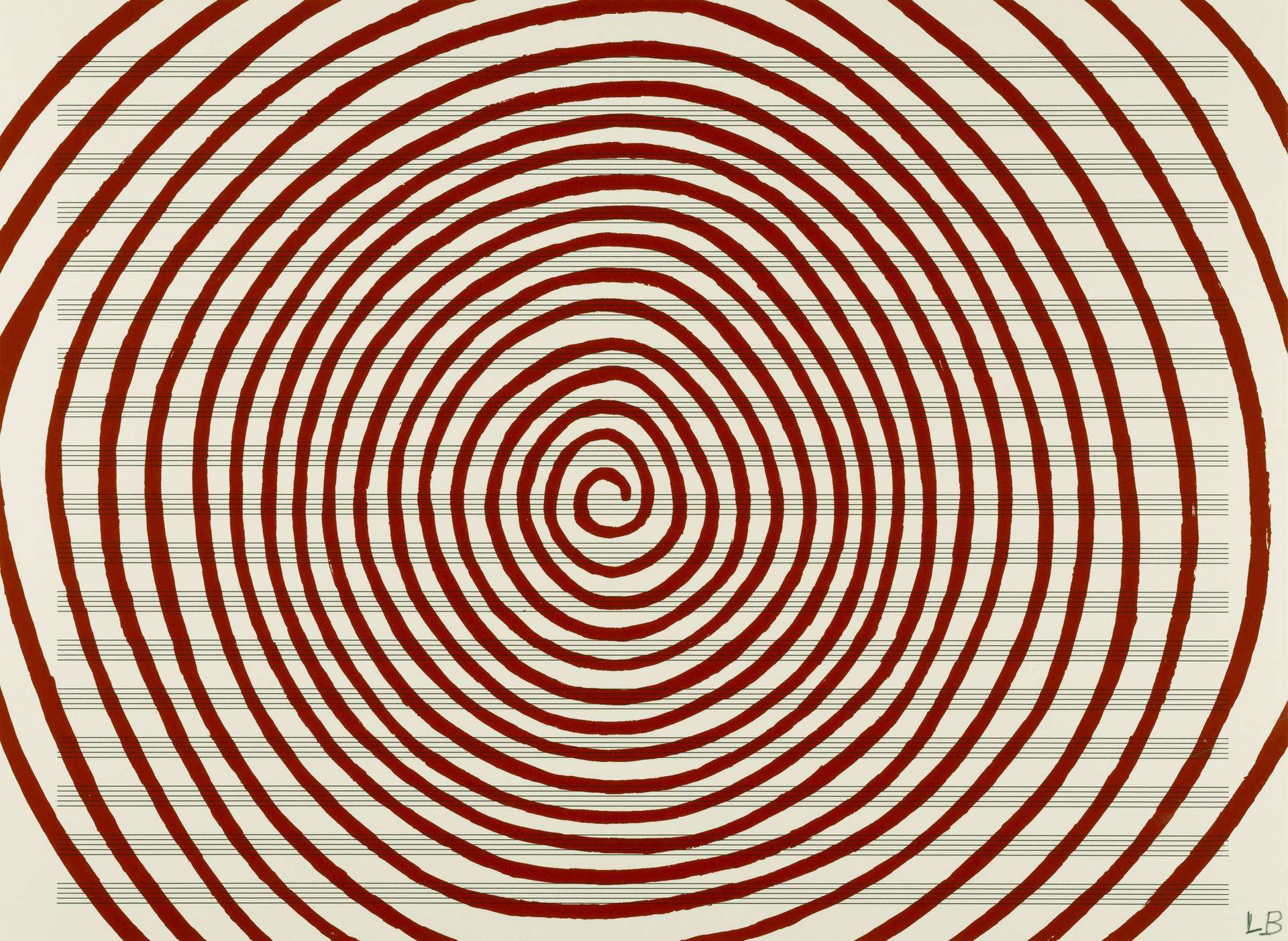 Louise Bourgeois’ Untitled #11. A screenprint of a continuous red spiral against a sheet of horizontal lines.