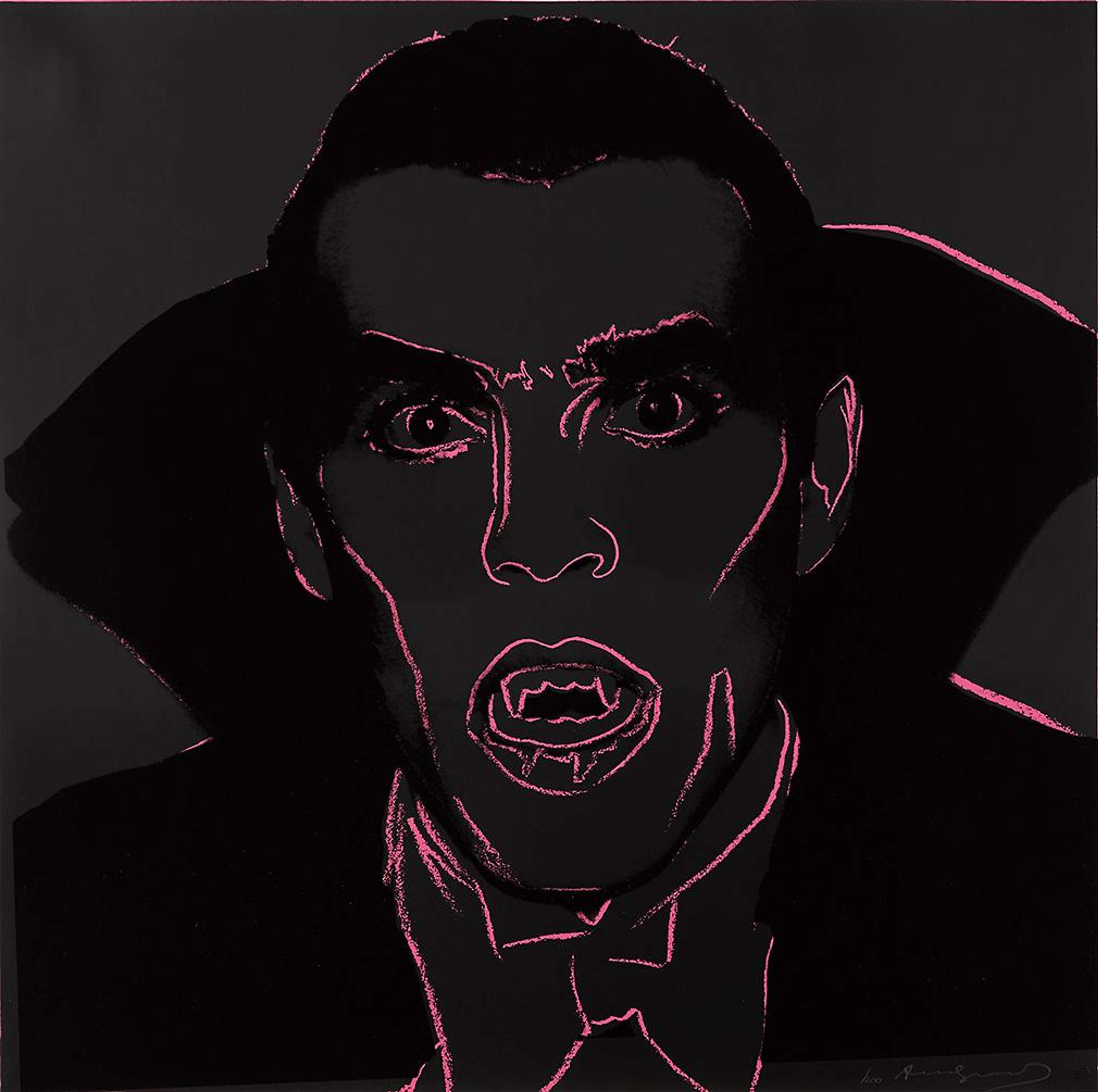 The print shows the notorious evil vampire, Count Dracula, from the novel written by Bram Stoker in 1897. Against a black backdrop, Dracula’s portrait is rendered using bright pink gestural lines which delineate his facial features, drawing attention to his furrowed brow, pointed ears and sharp fangs.